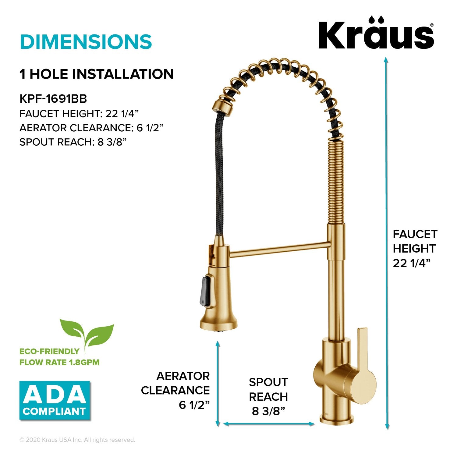 KRAUS Britt Commercial Style Pull-Down Single Handle Kitchen Faucet in Brushed Brass - KPF-1691BB