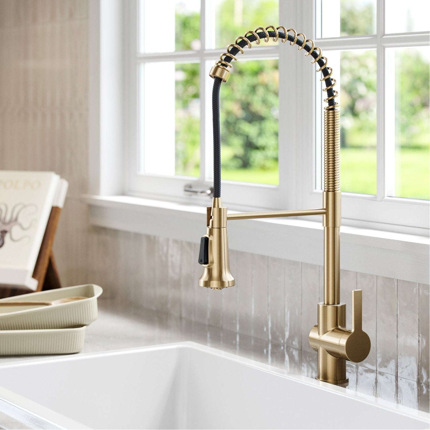 KRAUS Britt Commercial Style Pull-Down Single Handle Kitchen Faucet in Spot Free Antique Champagne Bronze -  KPF-1691SFACB