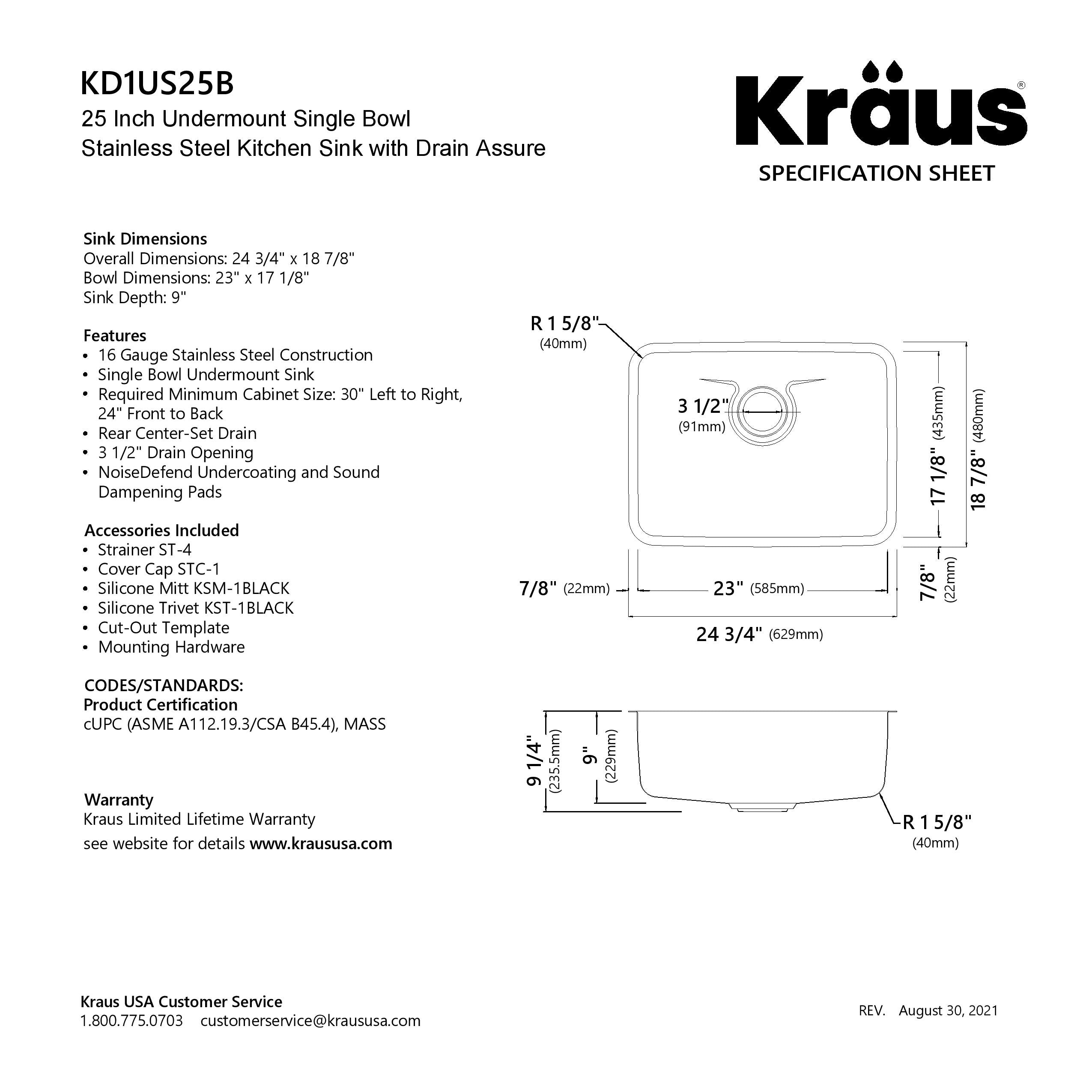 KRAUS Dex 25" Undermount 16 Gauge Stainless Steel Kitchen Sink with VersiDrain - KD1US25B