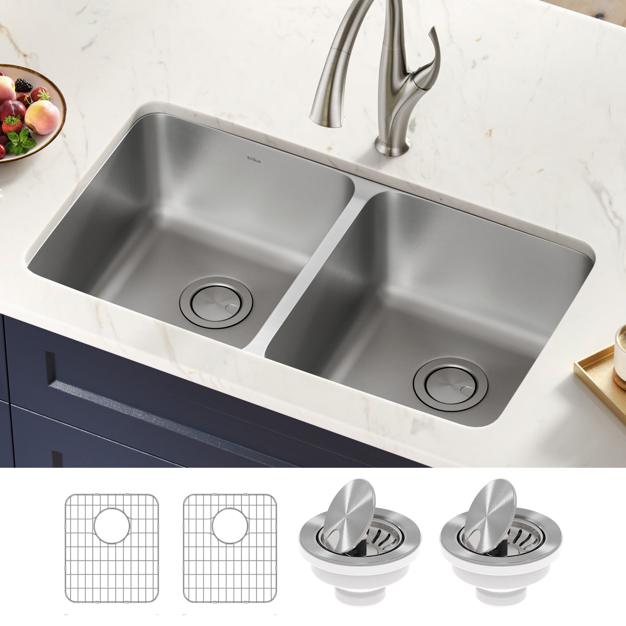 KRAUS Dex 33" Undermount 16 Gauge Stainless Steel Double Bowl Kitchen Sink - KA1UD33B