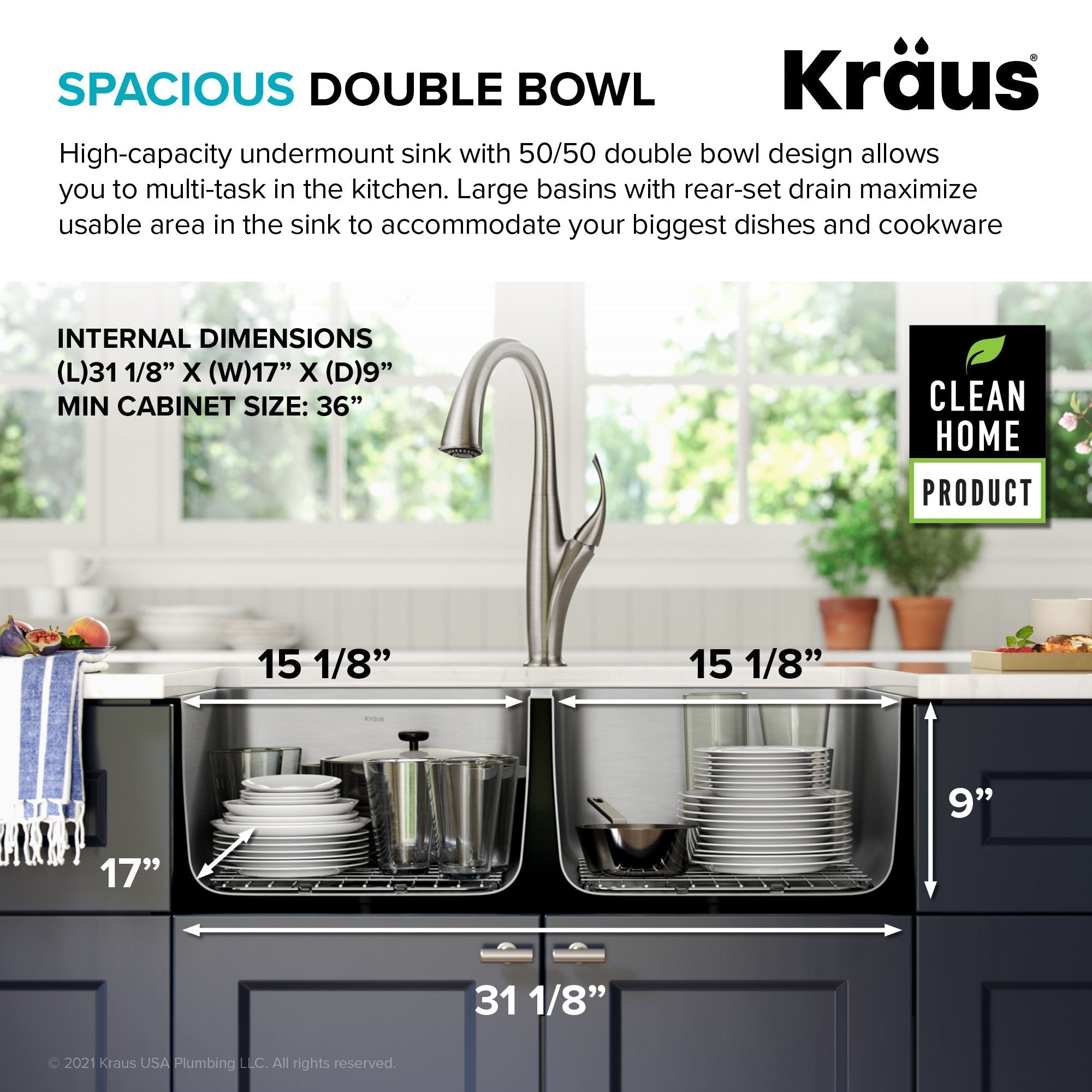 KRAUS Dex 33" Undermount 16 Gauge Stainless Steel Double Bowl Kitchen Sink - KA1UD33B