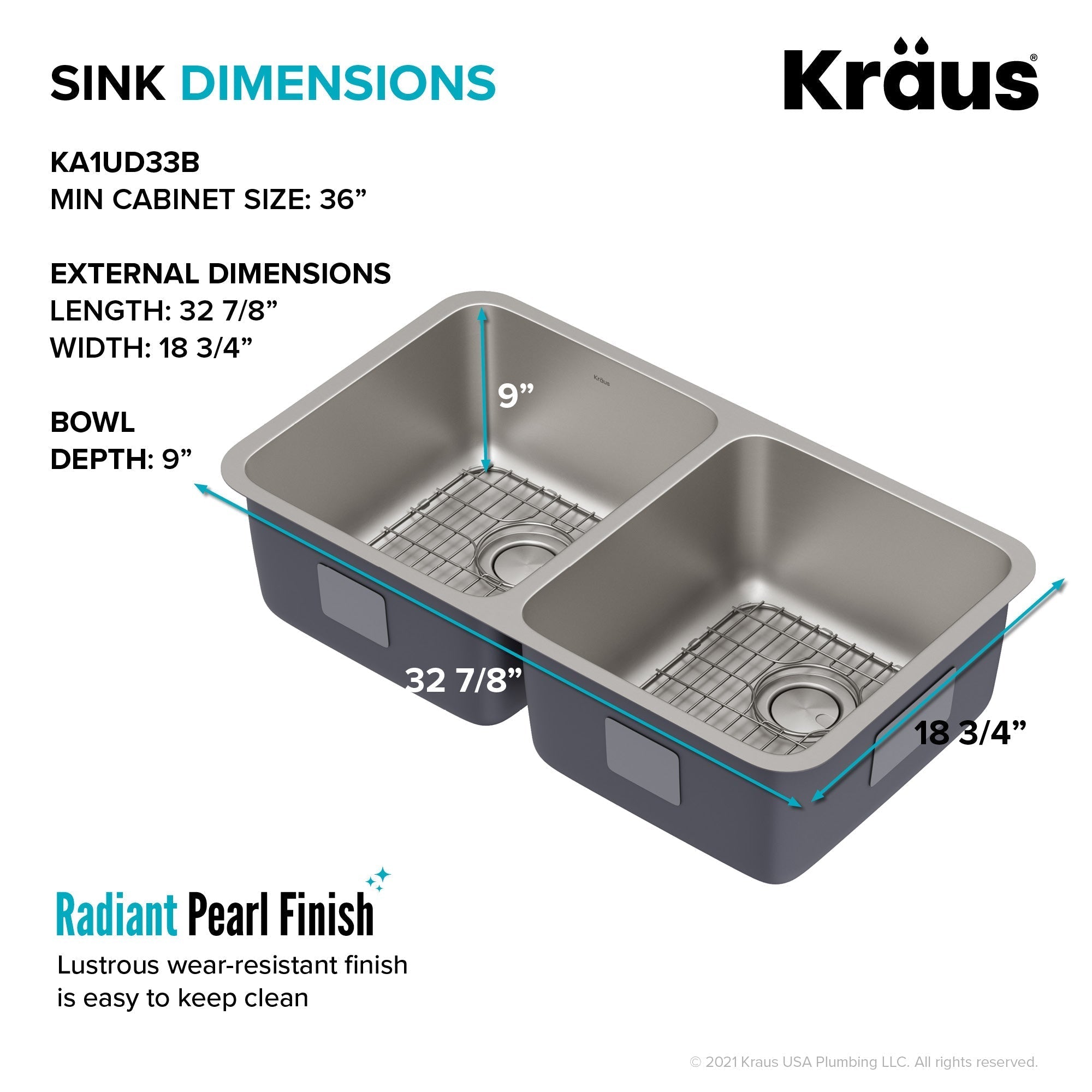 KRAUS Dex 33" Undermount 16 Gauge Stainless Steel Double Bowl Kitchen Sink - KA1UD33B