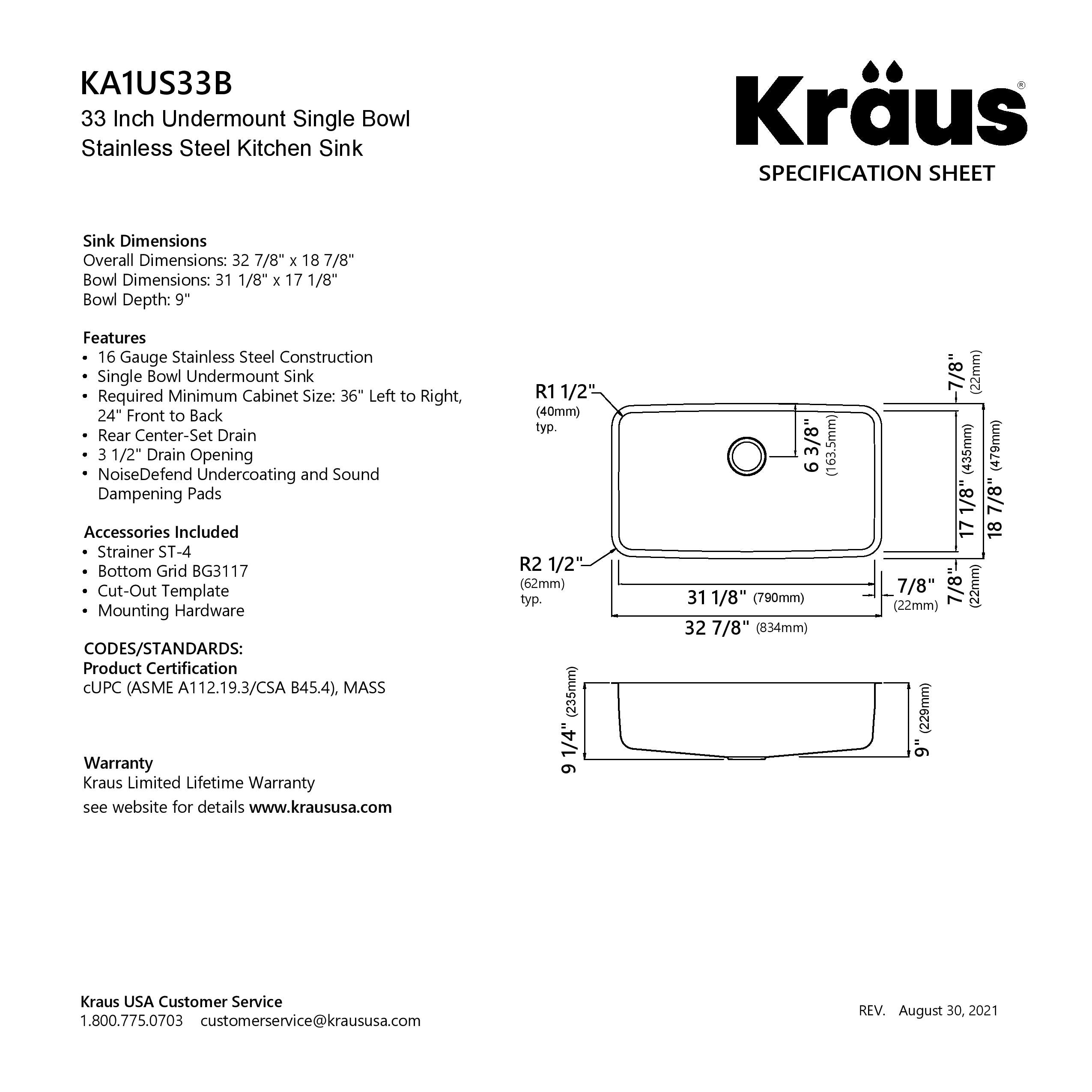 KRAUS Dex 33" Undermount 16 Gauge Stainless Steel Kitchen Sink - KA1US33B