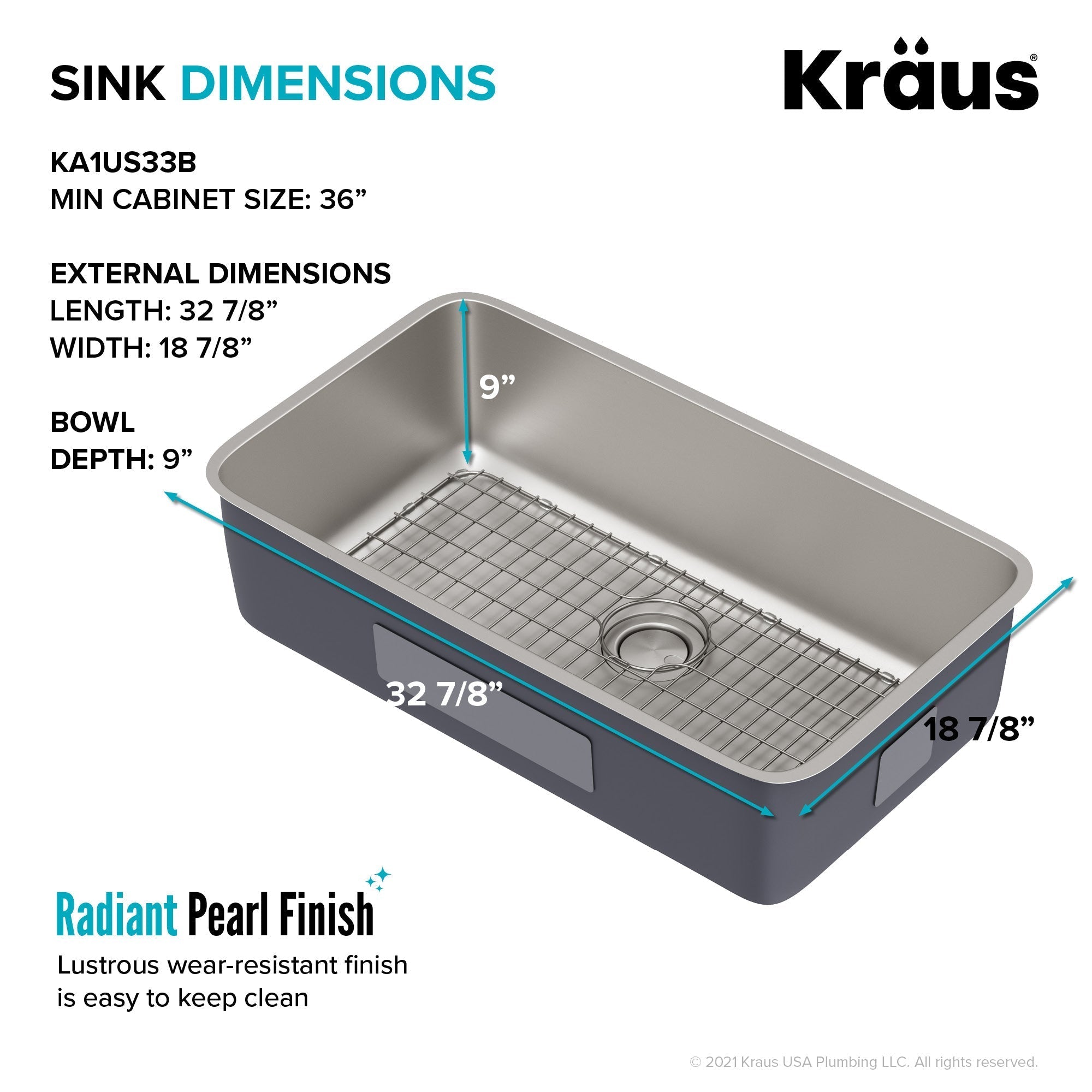KRAUS Dex 33" Undermount 16 Gauge Stainless Steel Kitchen Sink - KA1US33B