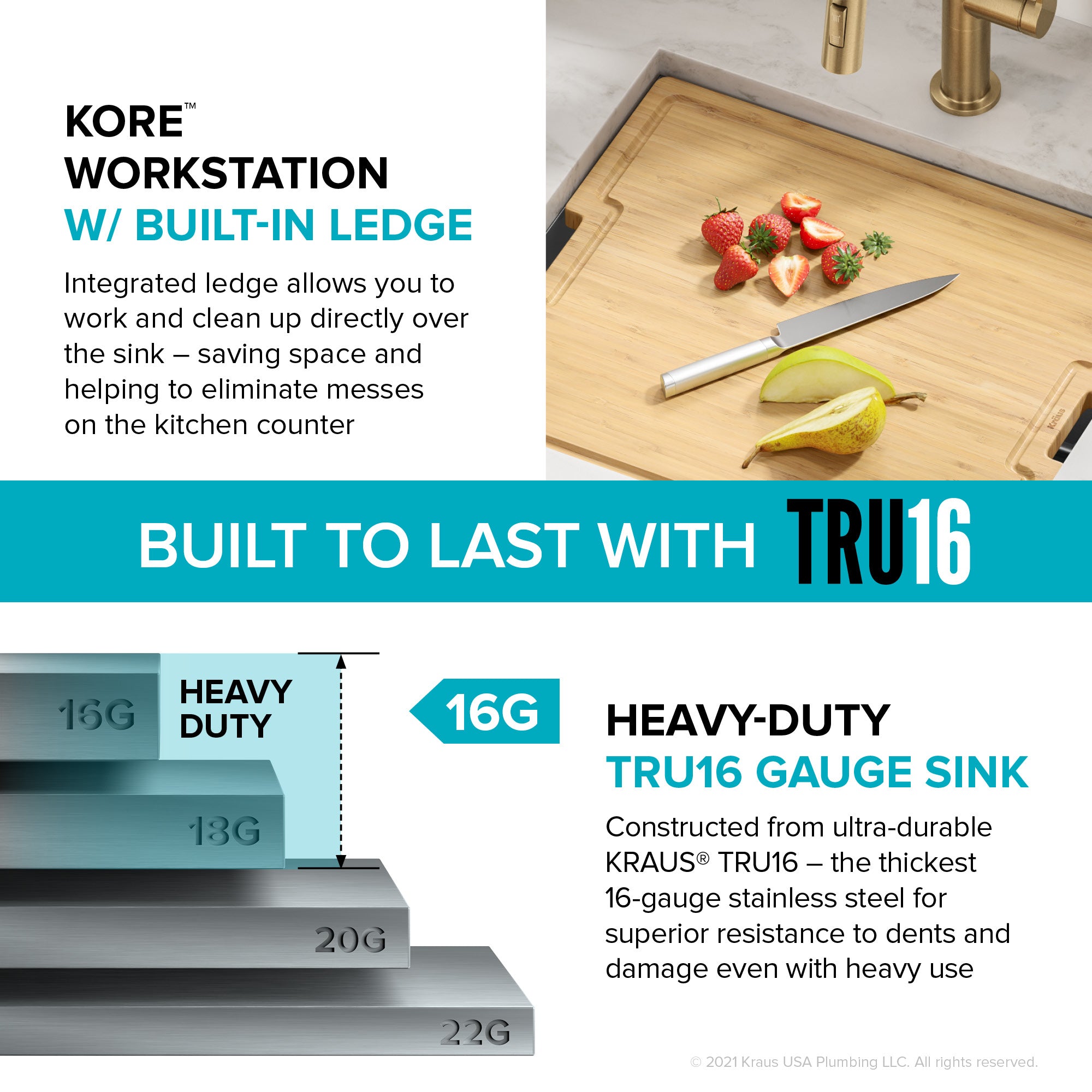 KRAUS Kore 21" Undermount Workstation 16 Gauge Stainless Steel Single Bowl Kitchen Sink with Accessories - KWU111-21