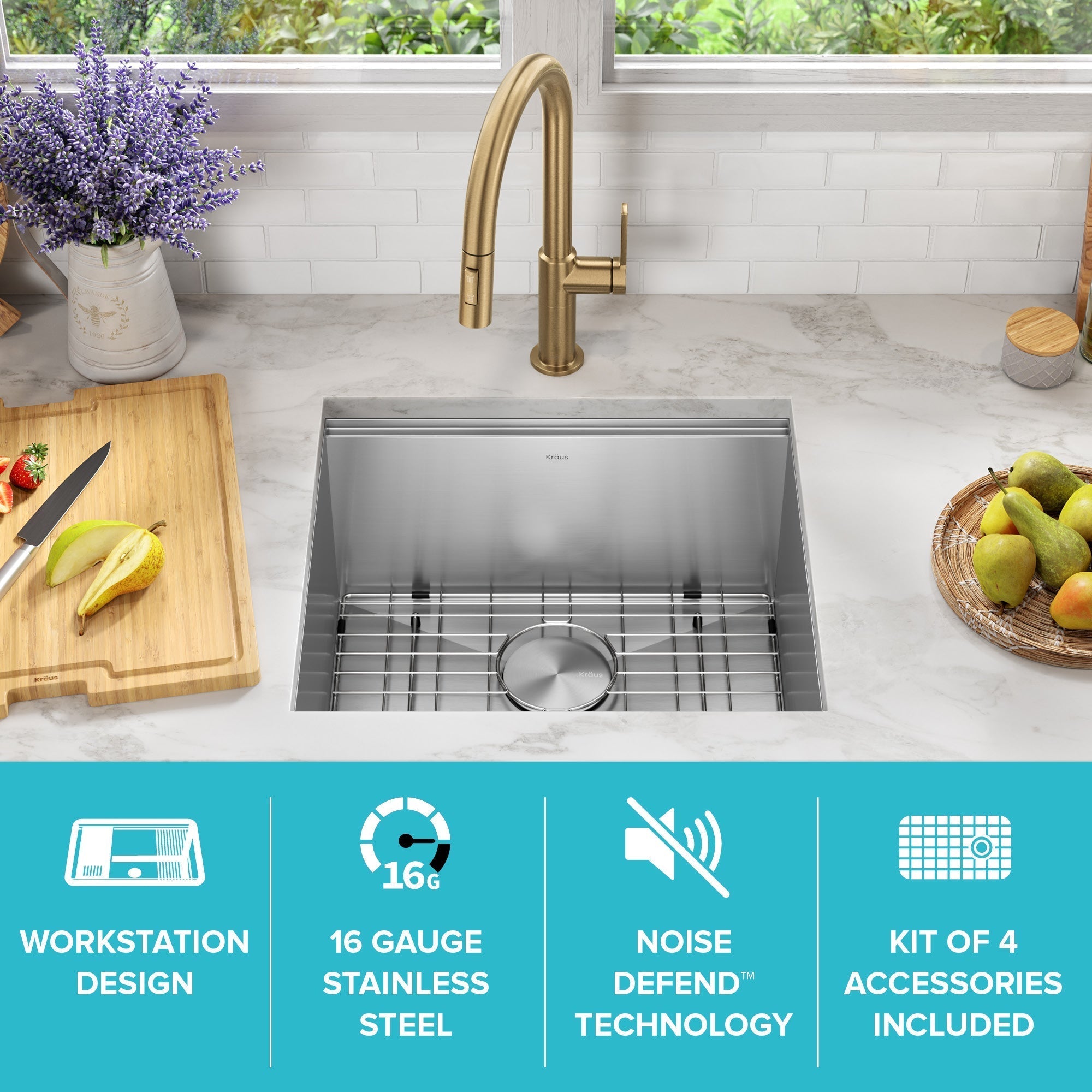 KRAUS Kore 21" Undermount Workstation 16 Gauge Stainless Steel Single Bowl Kitchen Sink with Accessories - KWU111-21