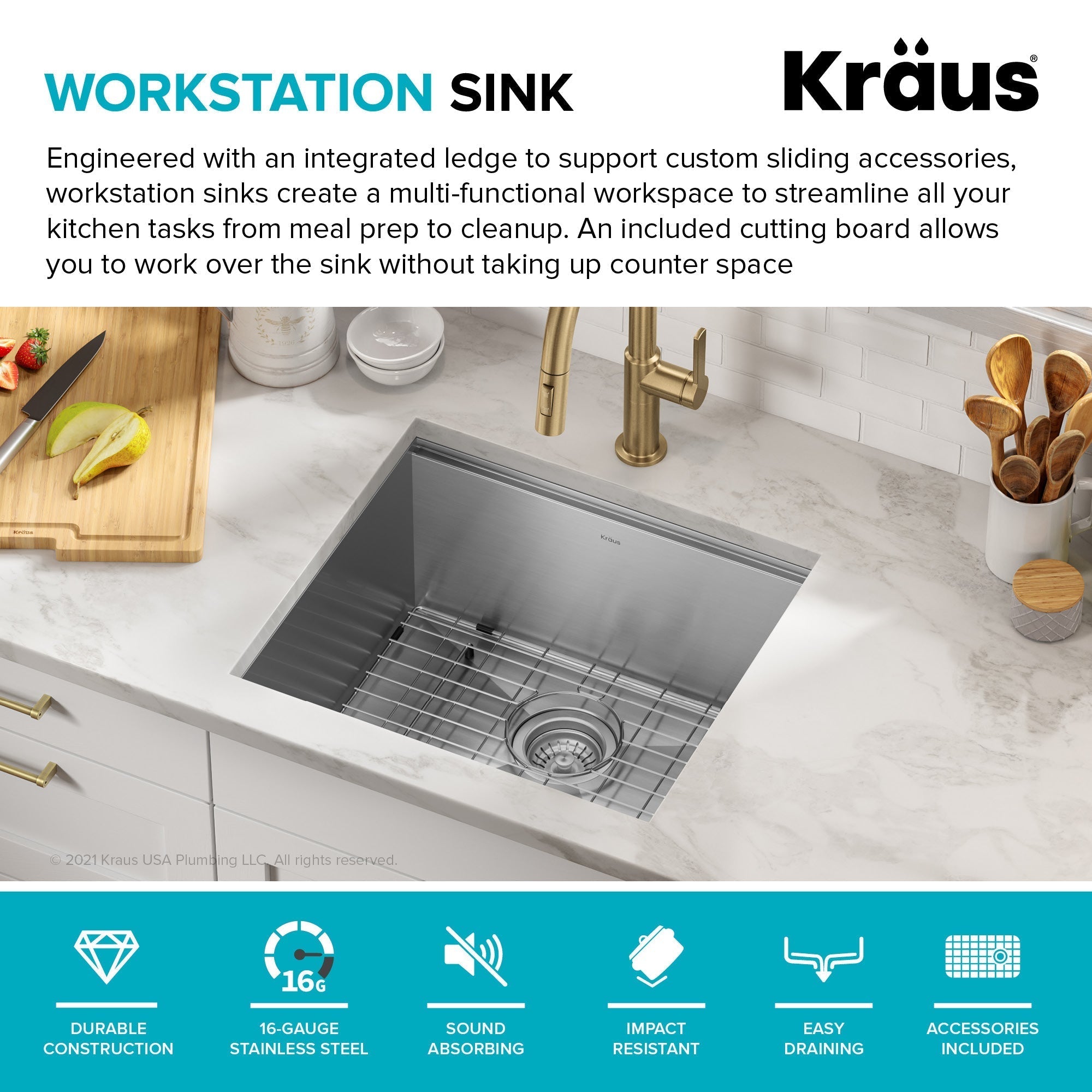 KRAUS Kore 21" Undermount Workstation 16 Gauge Stainless Steel Single Bowl Kitchen Sink with Accessories - KWU111-21