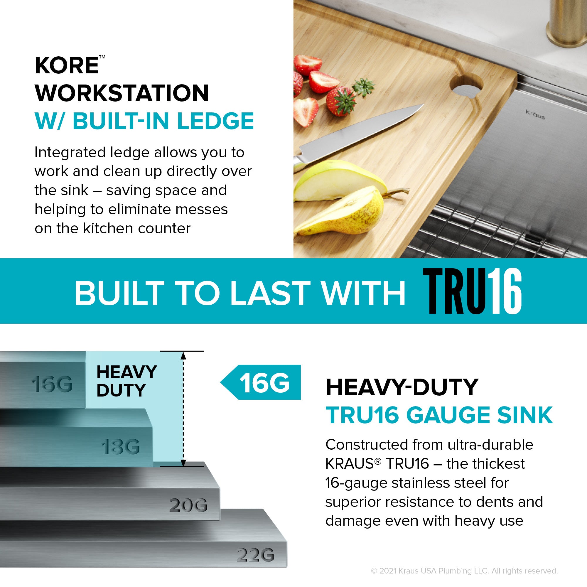 KRAUS Kore 27" Apron Front Workstation 16 Gauge Stainless Steel Kitchen Sink - KWF210-27