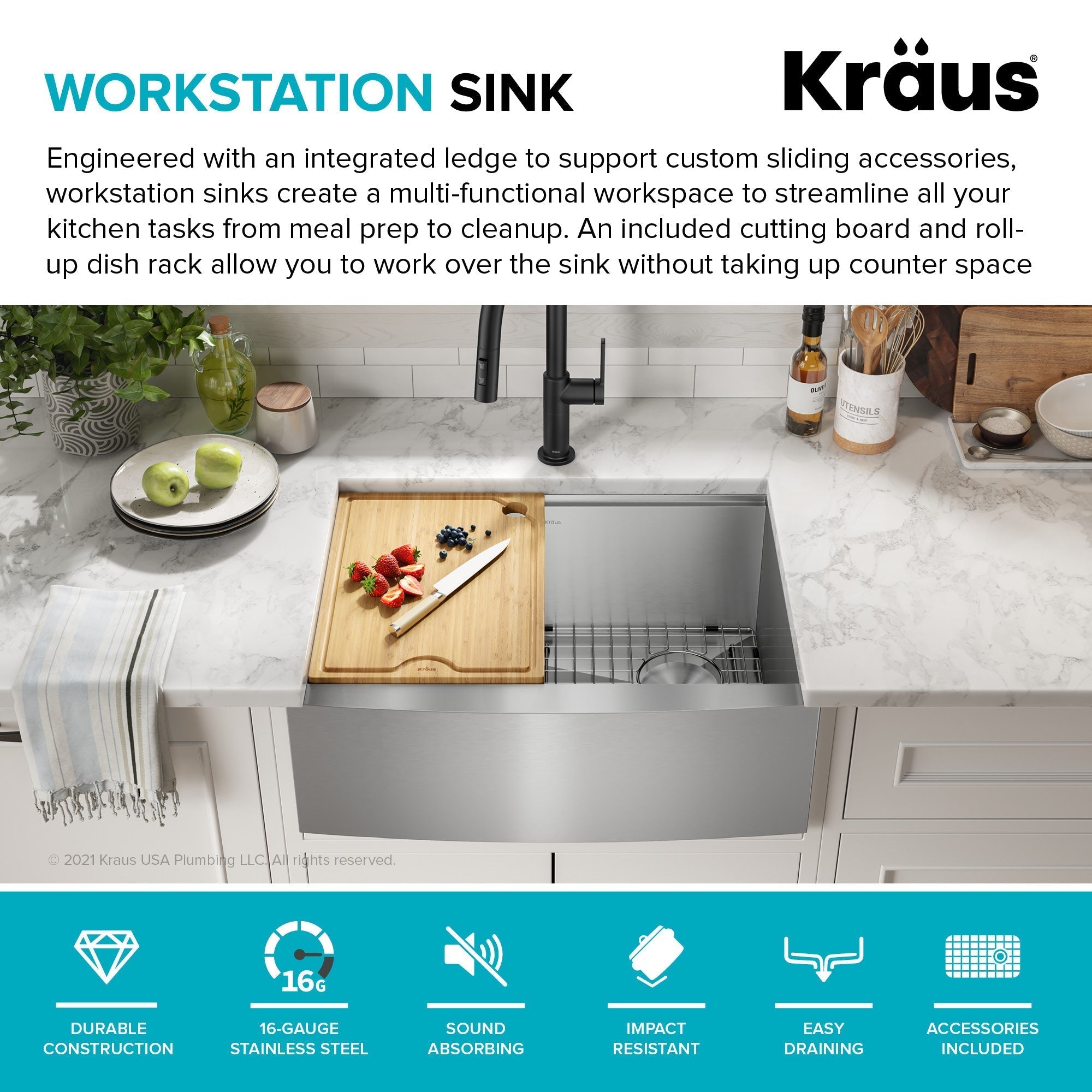KRAUS Kore 27" Apron Front Workstation 16 Gauge Stainless Steel Kitchen Sink - KWF210-27