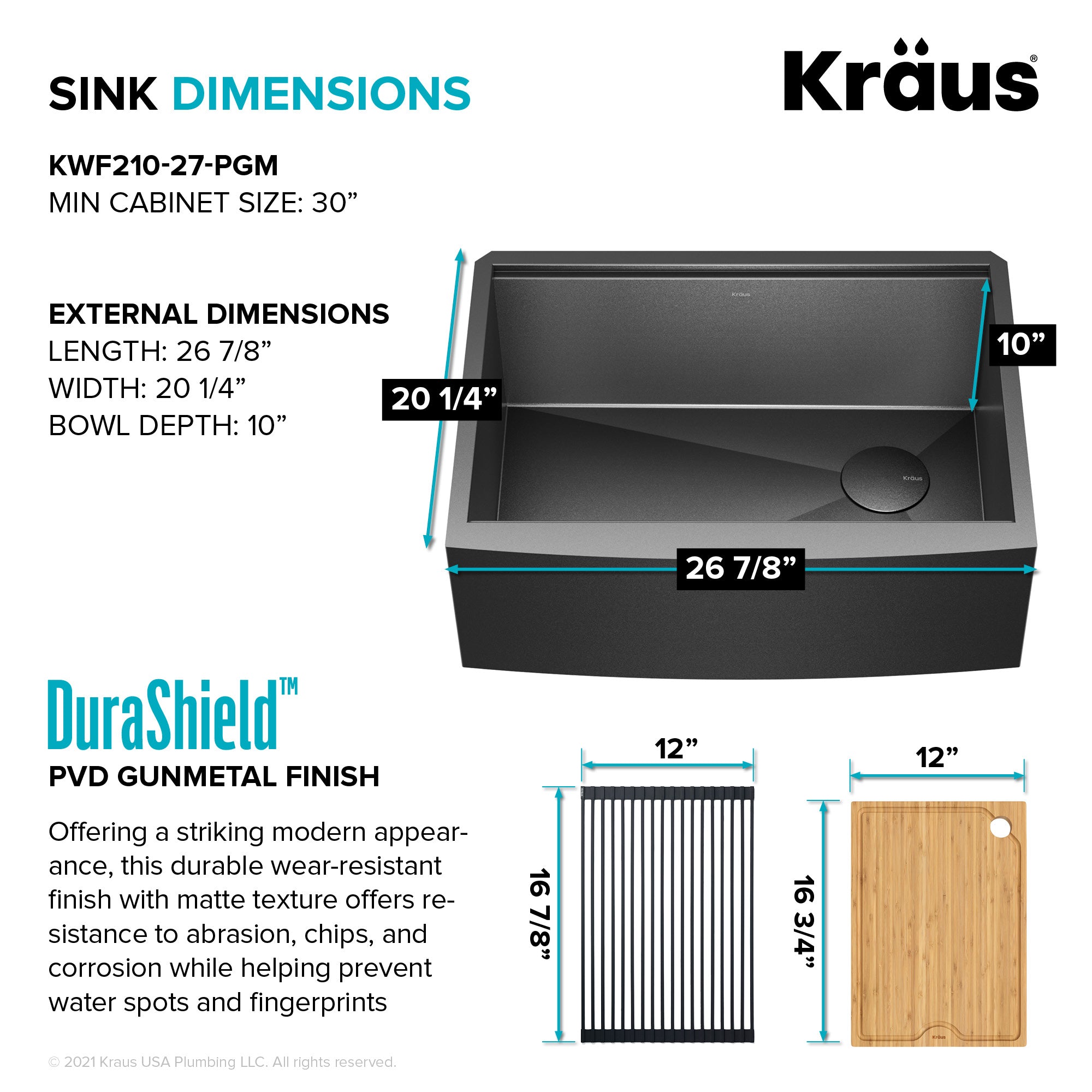 KRAUS Kore Workstation 33" Farmhouse Modern Flat Apron Front 16 Gauge Single Bowl Kitchen Sink in PVD Gunmetal -  KWF410-33/PGM