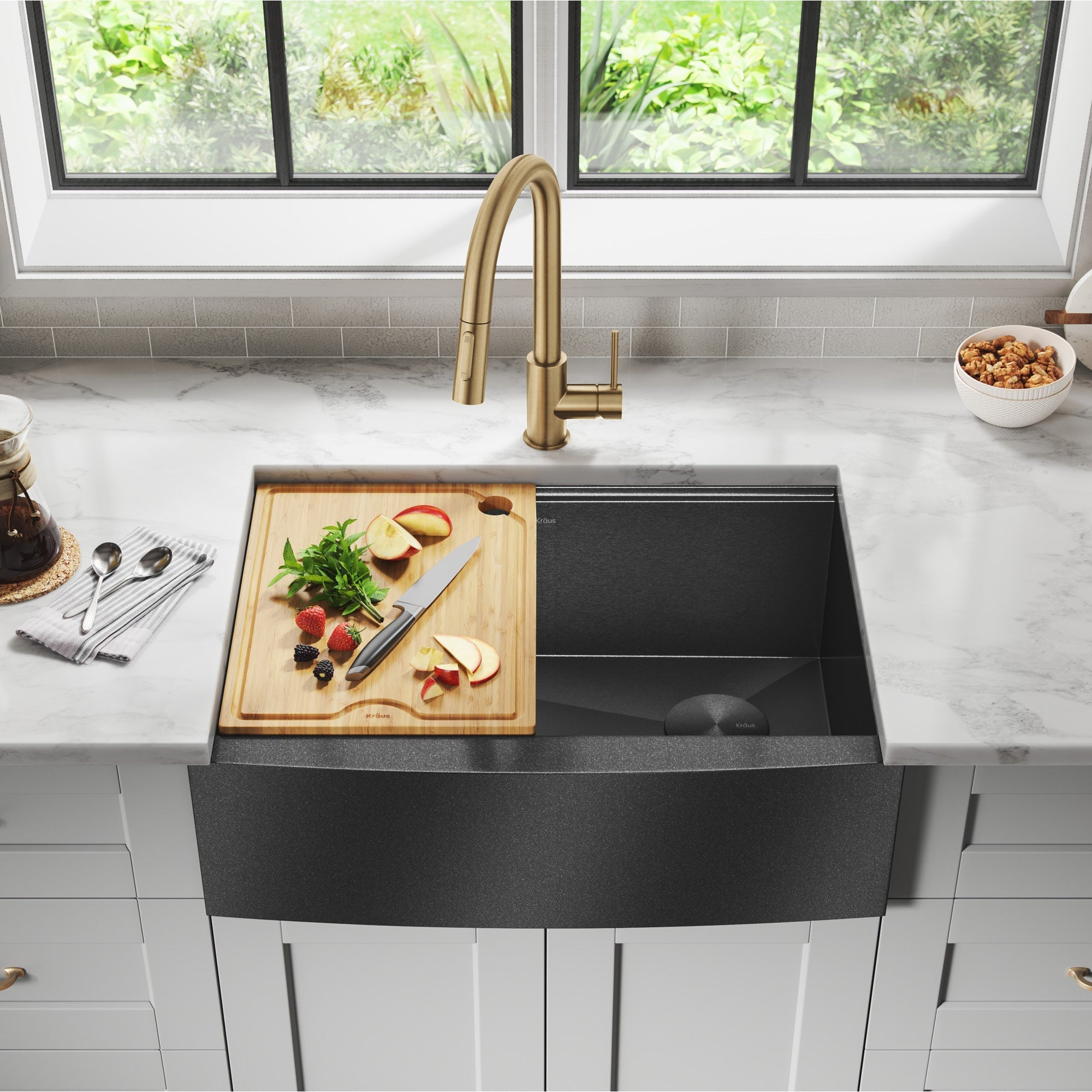 KRAUS Kore Workstation 33" Farmhouse Modern Flat Apron Front 16 Gauge Single Bowl Kitchen Sink in PVD Gunmetal -  KWF410-33/PGM