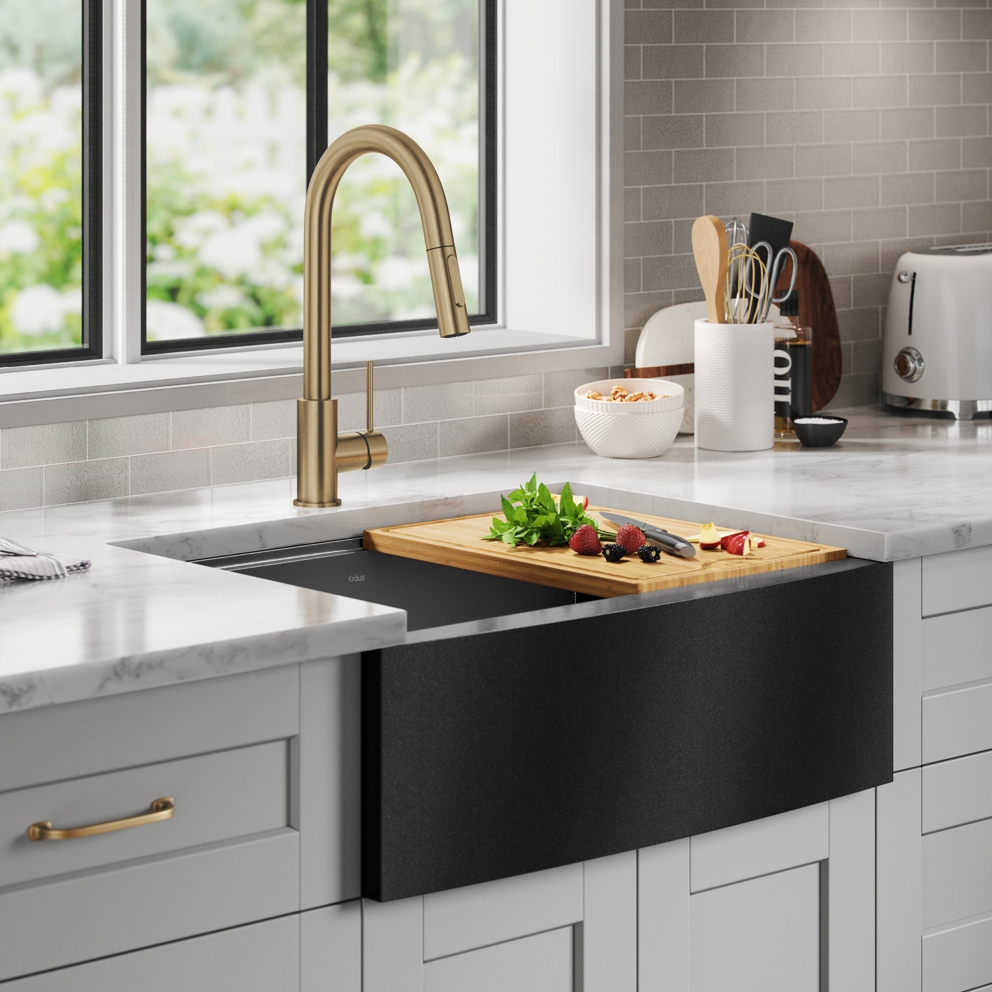 KRAUS Kore Workstation 33" Farmhouse Modern Flat Apron Front 16 Gauge Single Bowl Kitchen Sink in PVD Gunmetal -  KWF410-33/PGM