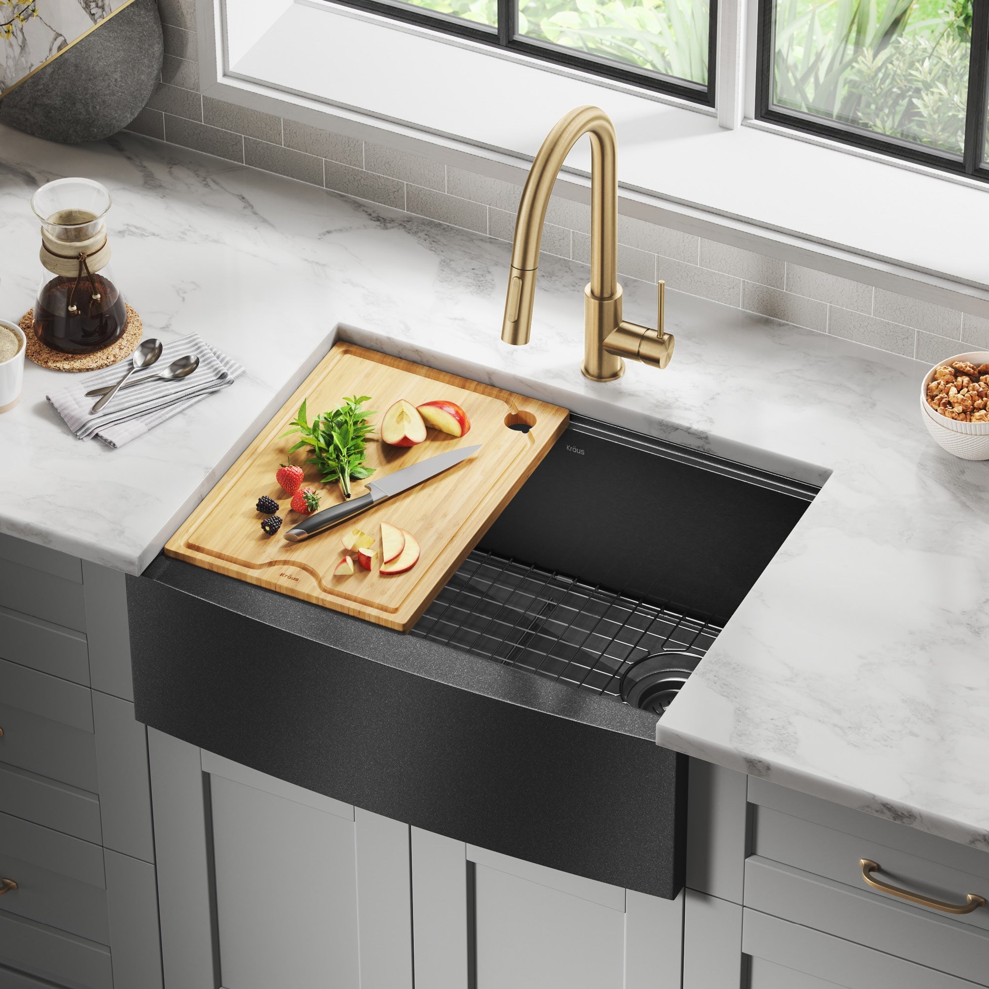 KRAUS Kore Workstation 33" Farmhouse Modern Flat Apron Front 16 Gauge Single Bowl Kitchen Sink in PVD Gunmetal -  KWF410-33/PGM