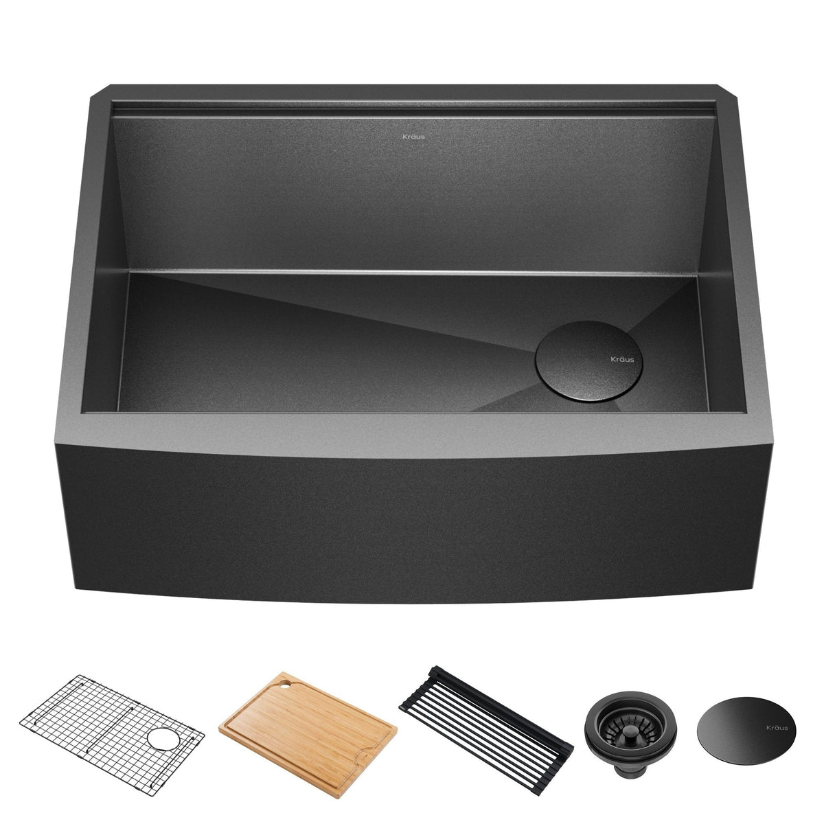 KRAUS Kore Workstation 33" Farmhouse Modern Flat Apron Front 16 Gauge Single Bowl Kitchen Sink in PVD Gunmetal -  KWF410-33/PGM