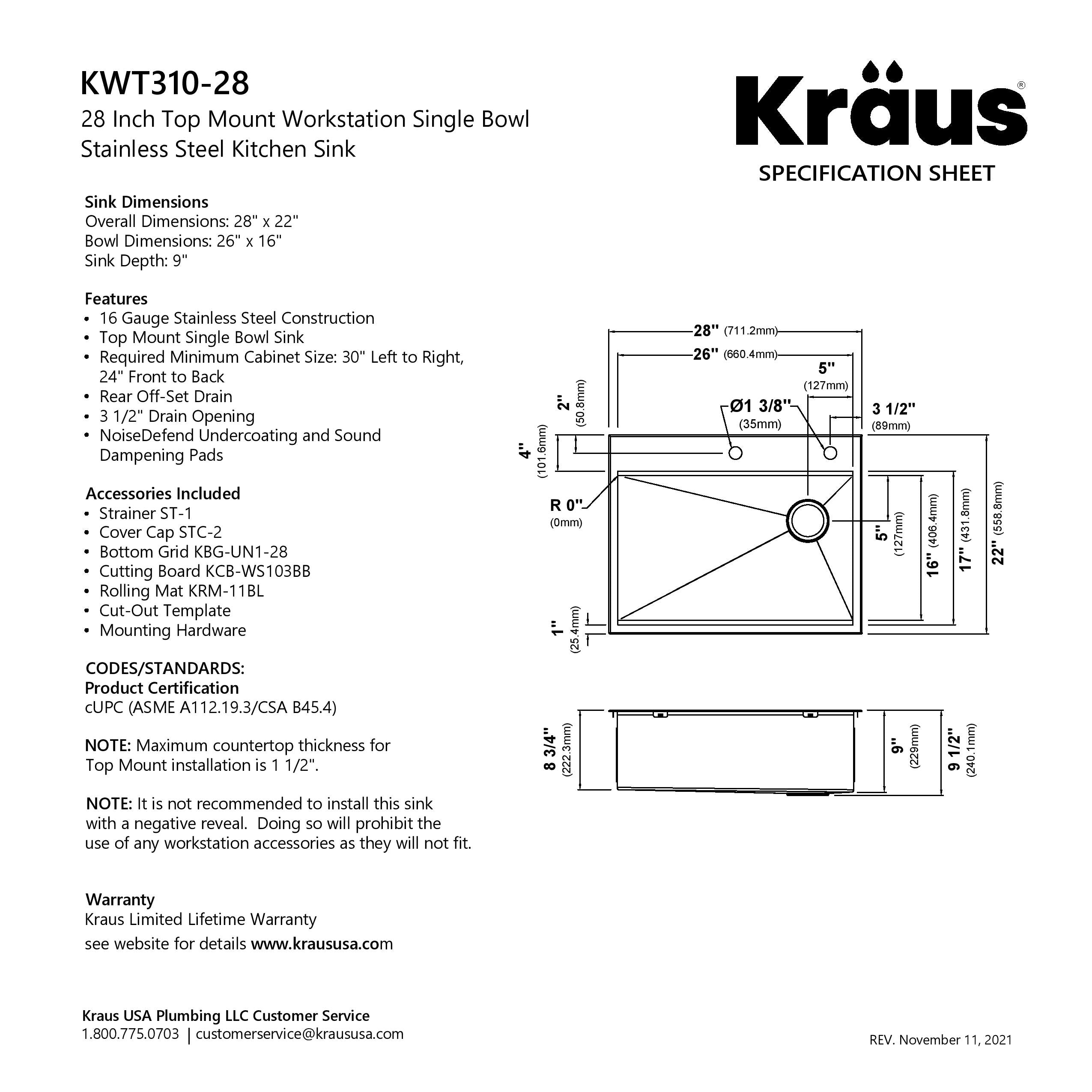 KRAUS Kore 28" Drop-In Workstation 16 Gauge Stainless Steel Single Bowl Kitchen Sink - KWT310-28