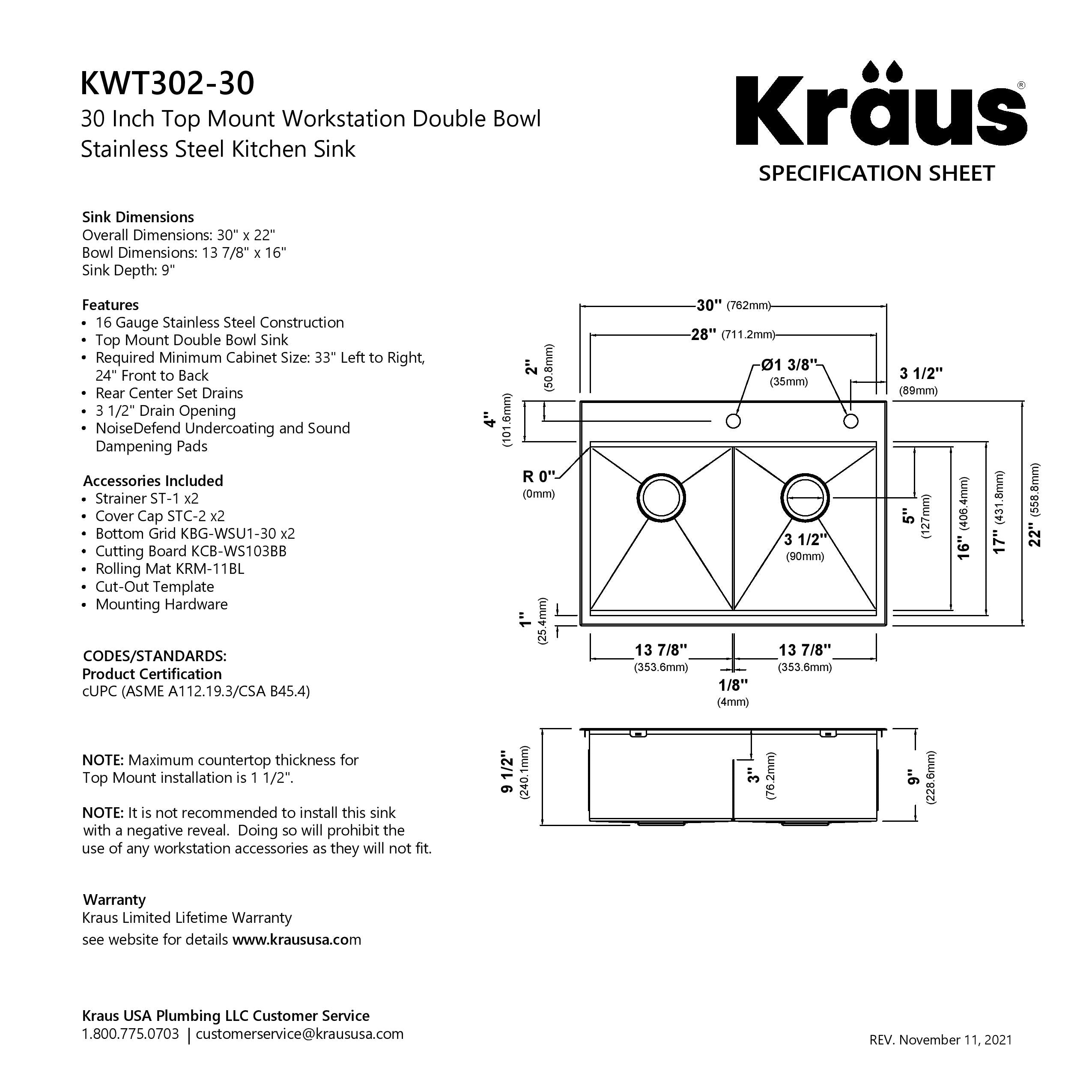 KRAUS Kore 30" Double Bowl Drop-In Workstation 16 Gauge Stainless Steel Kitchen Sink with Accessories - KWT302-30