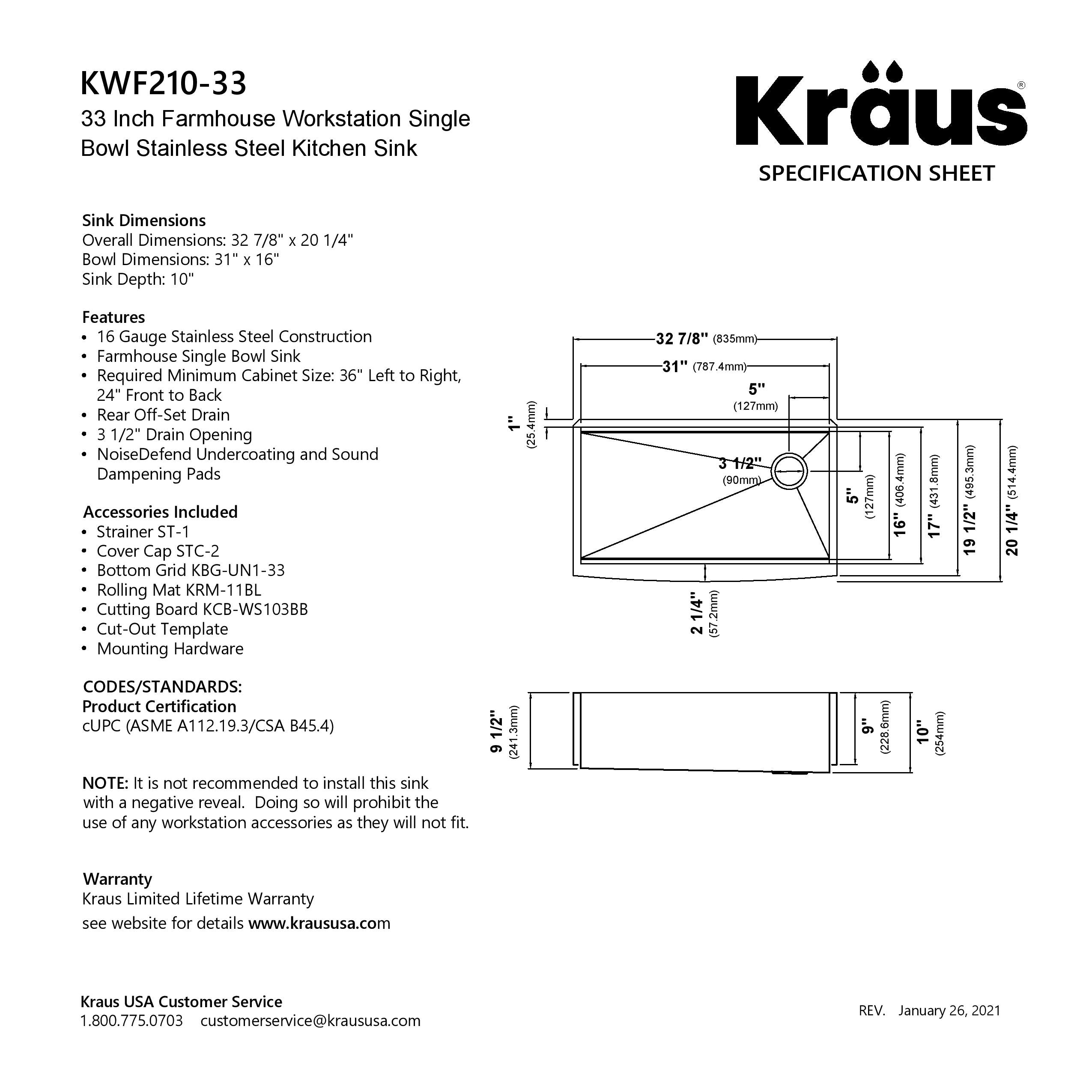 KRAUS Kore 33" 16 Gauge Farmhouse Workstation Kitchen Sink - KWF210-33