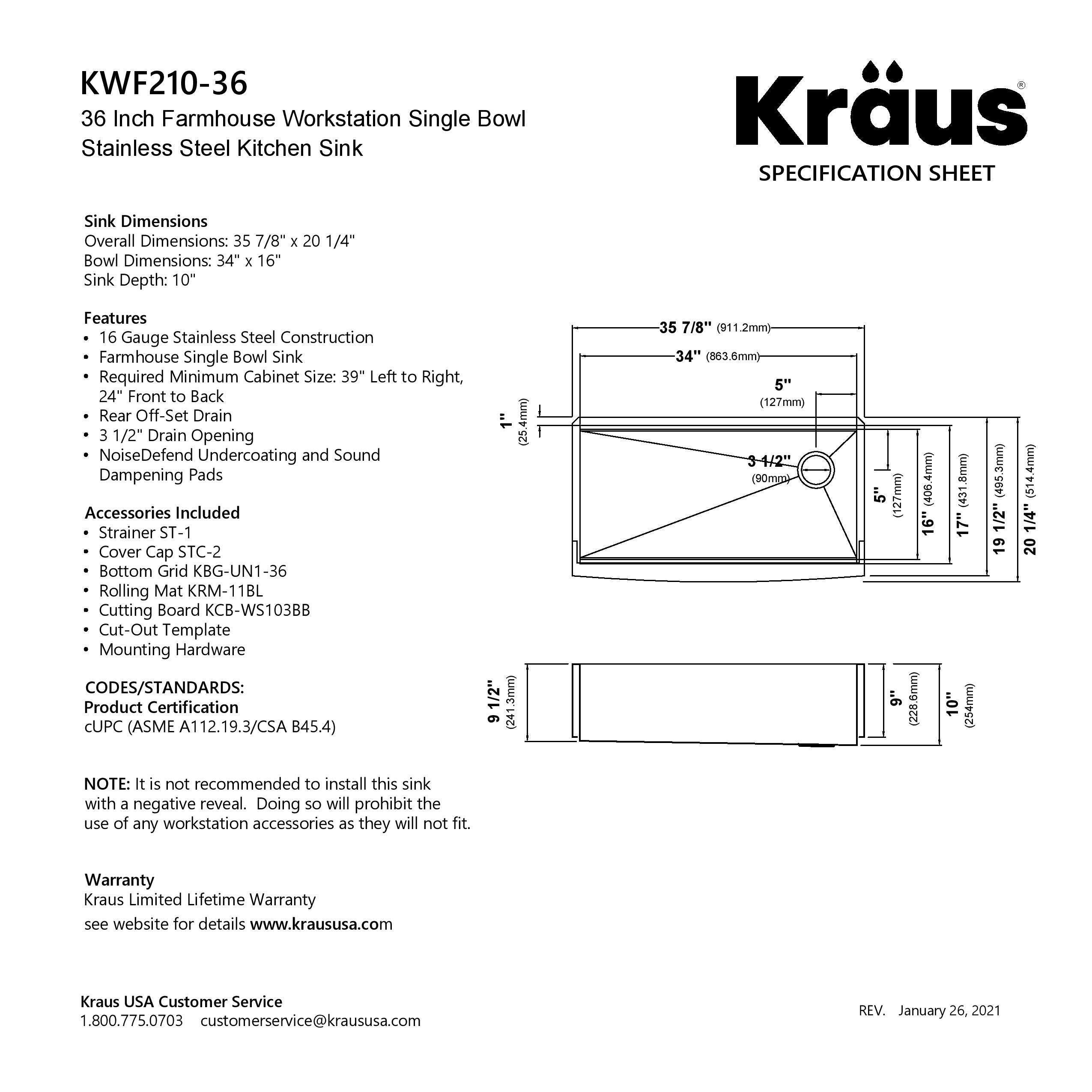 KRAUS Kore 36" 16 Gauge Stainless Steel Farmhouse Workstation Kitchen Sink - KWF210-36