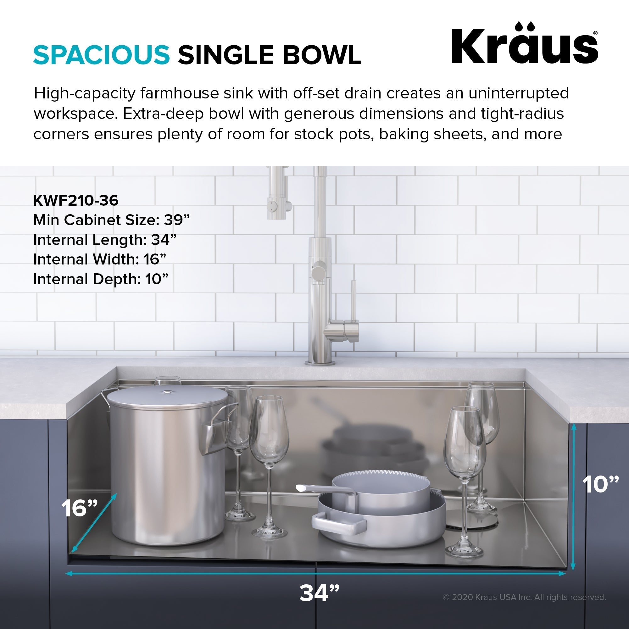 KRAUS Kore 36" 16 Gauge Stainless Steel Farmhouse Workstation Kitchen Sink - KWF210-36