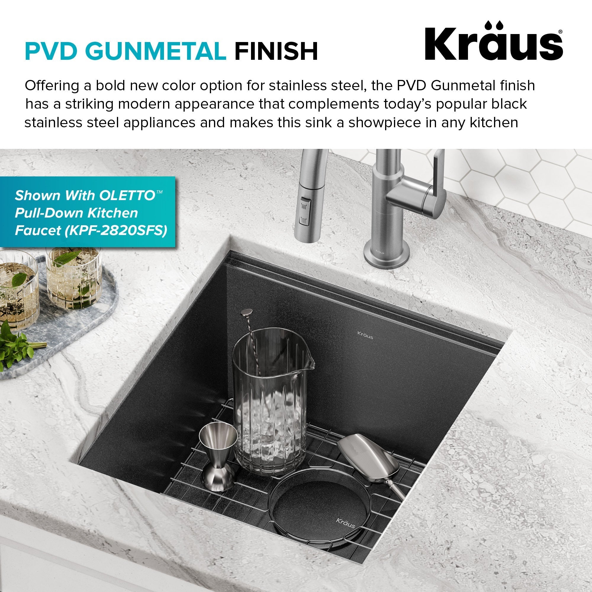 KRAUS Kore Workstation 17" Undermount 16 Gauge Bar or Prep Sink in PVD Gunmetal - KWU1101-17-PGM