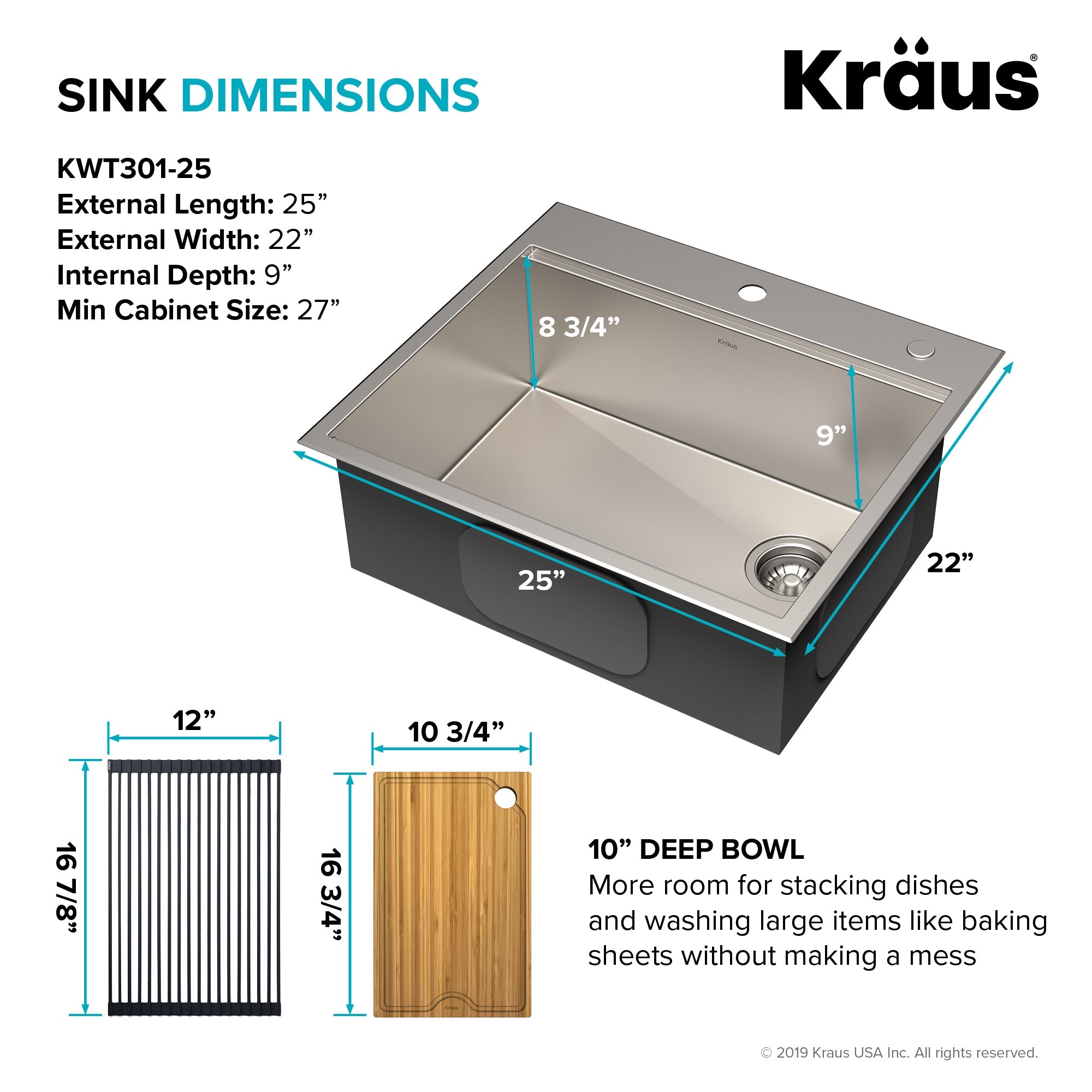 KRAUS Kore Workstation 25" Drop-In or Undermount 16 Gauge Kitchen Sink with Accessories - KWT311-25