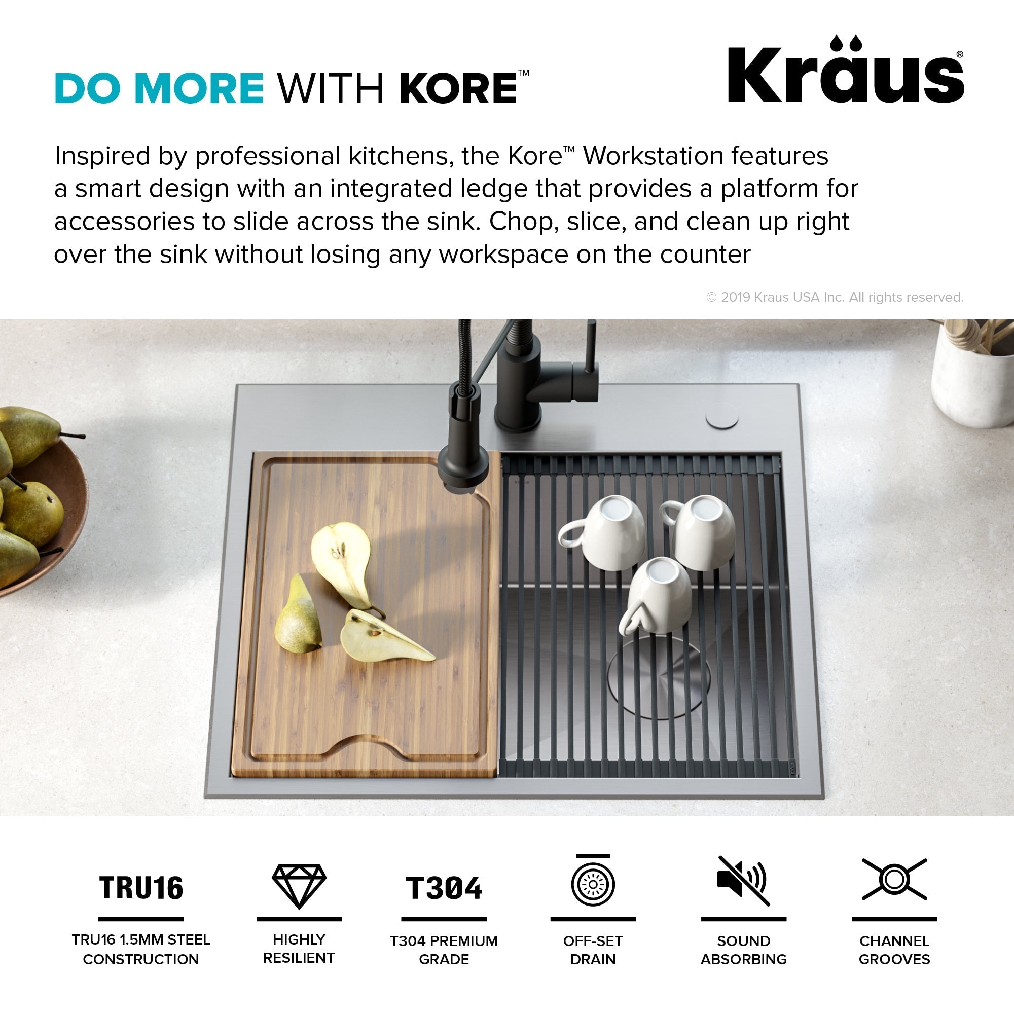 KRAUS Kore Workstation 25" Drop-In or Undermount 16 Gauge Kitchen Sink with Accessories - KWT311-25
