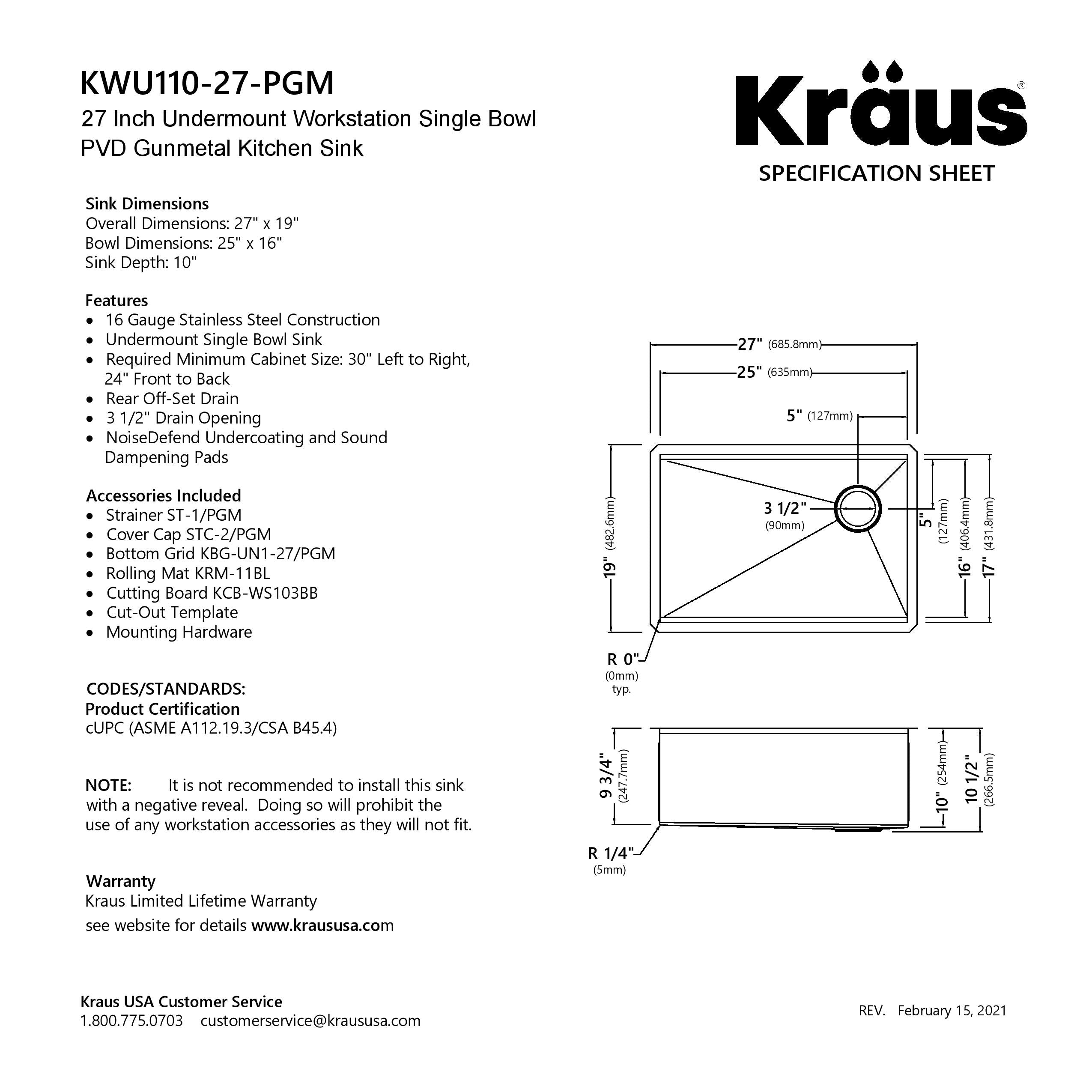 KRAUS Kore Workstation 27" Undermount 16 Gauge Single Bowl Kitchen Sink in PVD Gunmetal - KWU110-27-PGM
