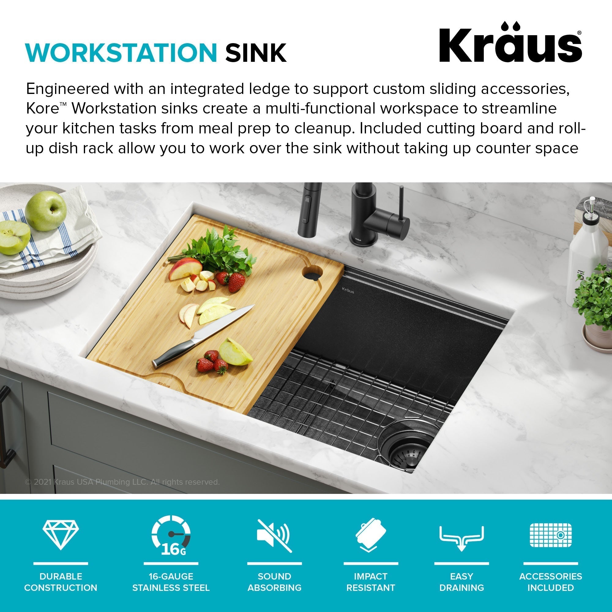 KRAUS Kore Workstation 27" Undermount 16 Gauge Single Bowl Kitchen Sink in PVD Gunmetal - KWU110-27-PGM