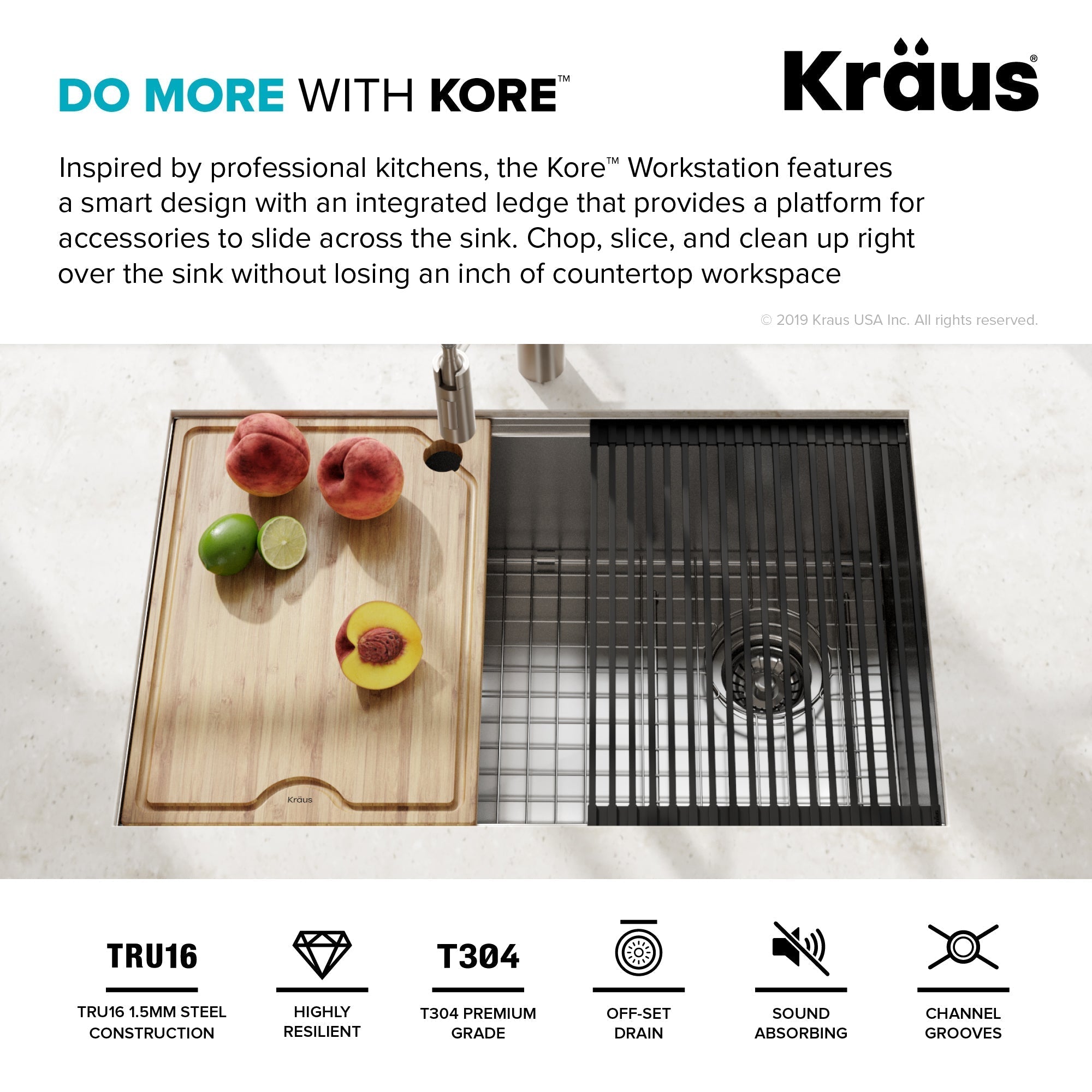KRAUS Kore Workstation 27" Undermount 16 Gauge Single Bowl Stainless Steel Kitchen Sink with Accessories - KWU110-27