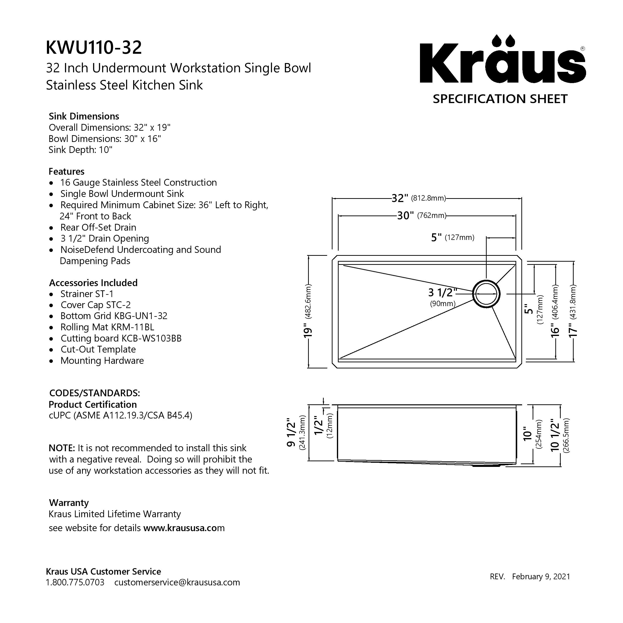 KRAUS Kore Workstation 32" Undermount 16 Gauge Single Bowl Stainless Steel Kitchen Sink with Accessories - KWU110-32