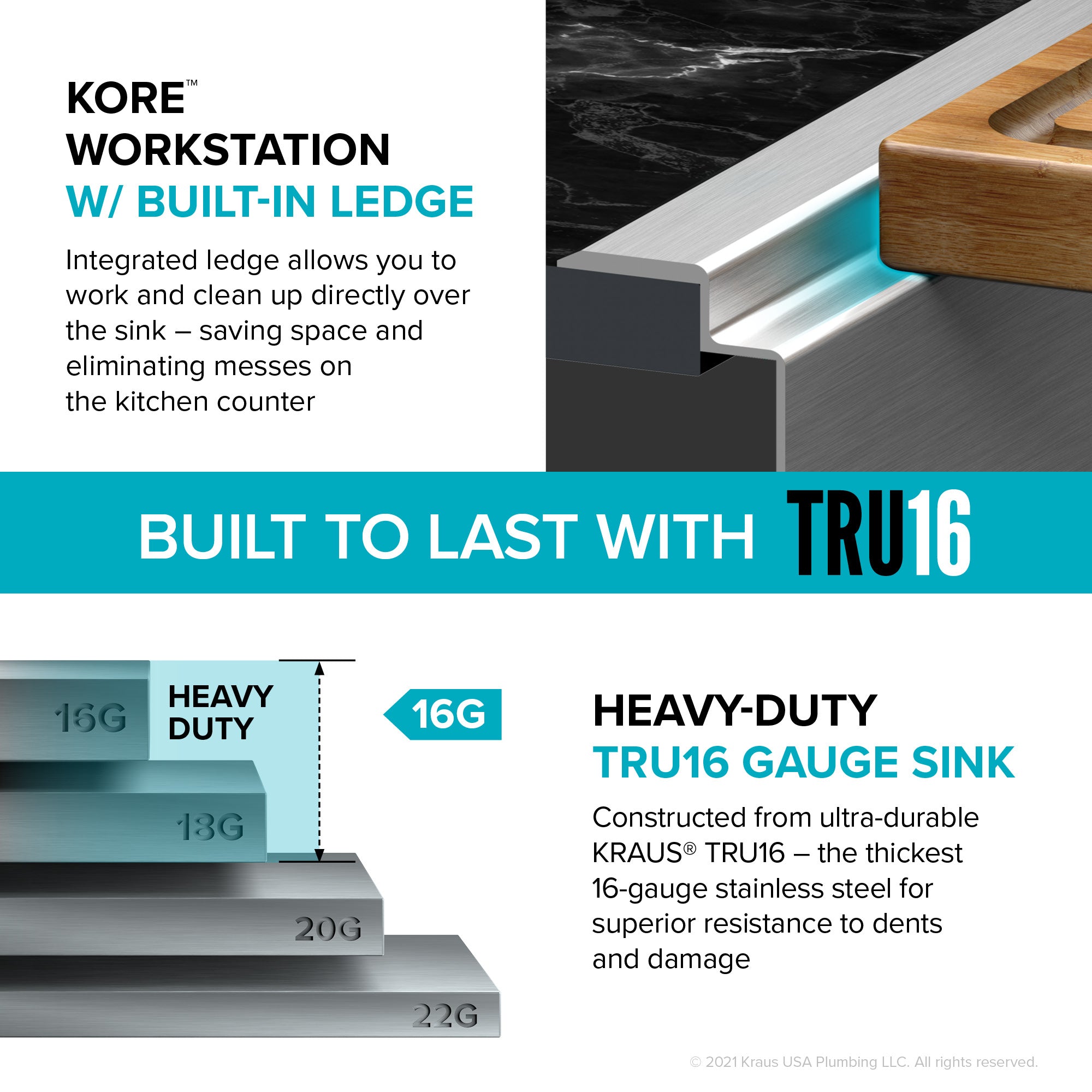 KRAUS Kore Workstation 33" Drop-In 16 Gauge 5.5" Deep Single Bowl ADA Kitchen Sink - KWT310-33/5.5