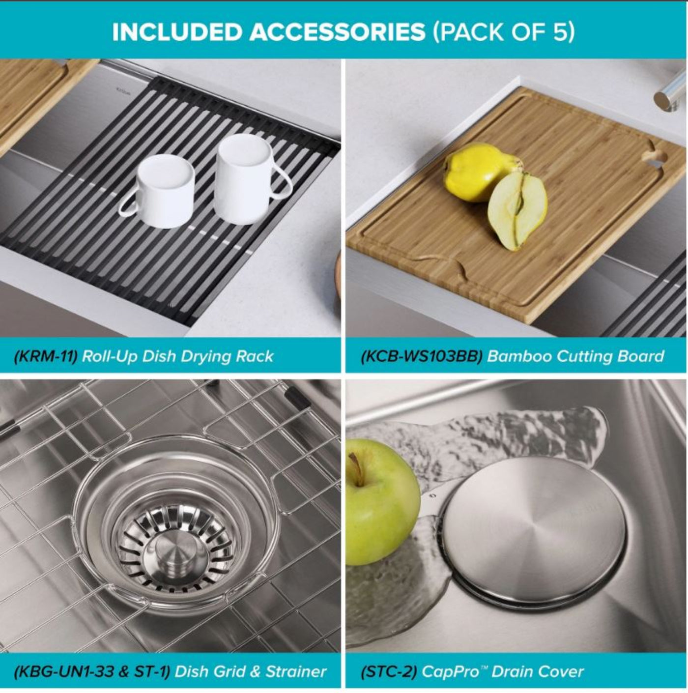 KRAUS Kore Workstation 33" Farmhouse Flat Apron Front 16 Gauge Single Bowl Stainless Steel Kitchen Sink with Accessories - KWF410-33