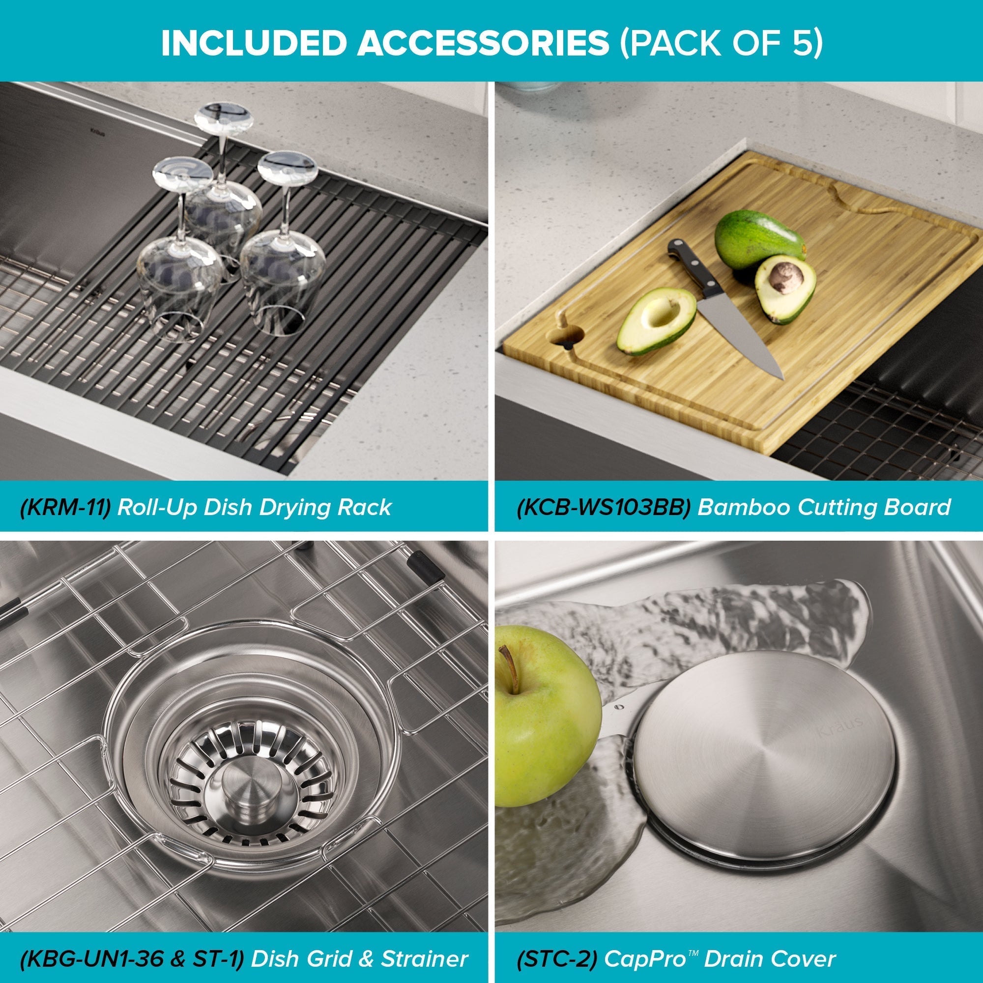 KRAUS Kore Workstation 36" Farmhouse Flat Apron Front 16 Gauge Single Bowl Stainless Steel Kitchen Sink with Accessories - KWF410-36