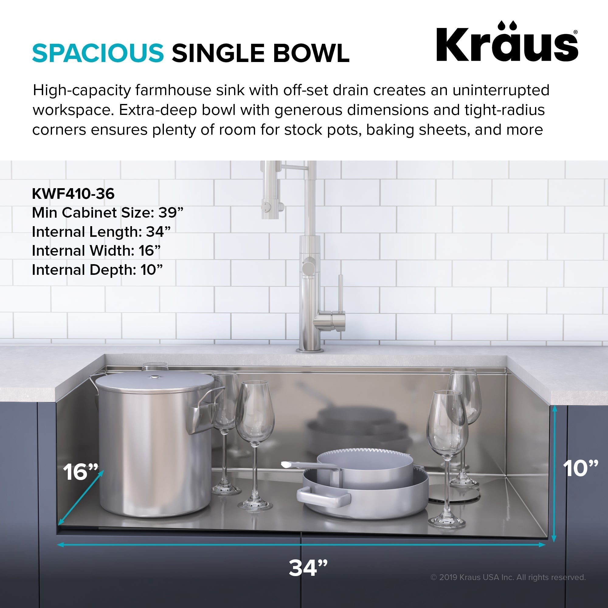 KRAUS Kore Workstation 36" Farmhouse Flat Apron Front 16 Gauge Single Bowl Stainless Steel Kitchen Sink with Accessories - KWF410-36
