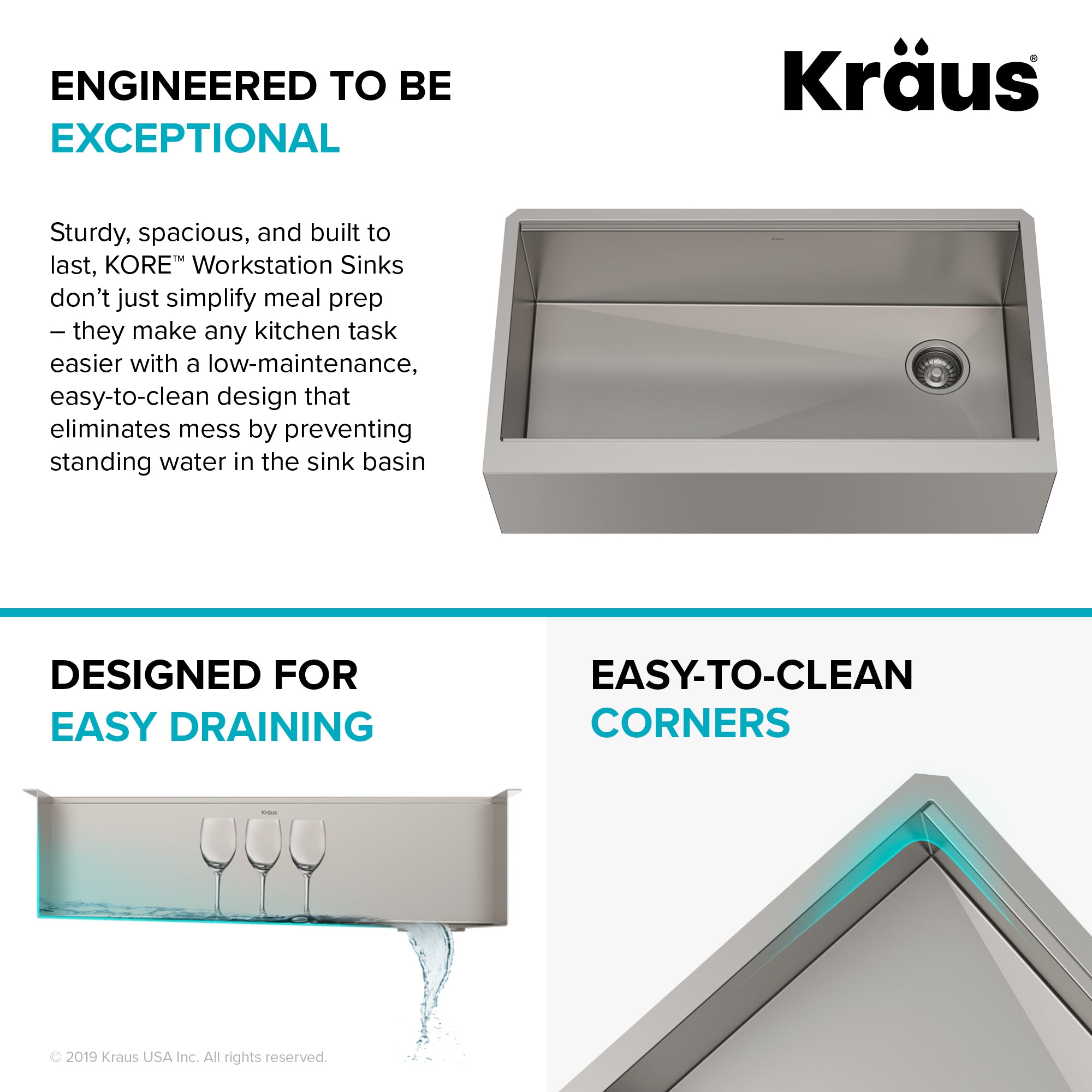 KRAUS Kore Workstation 36" Farmhouse Flat Apron Front 16 Gauge Single Bowl Stainless Steel Kitchen Sink with Accessories - KWF410-36