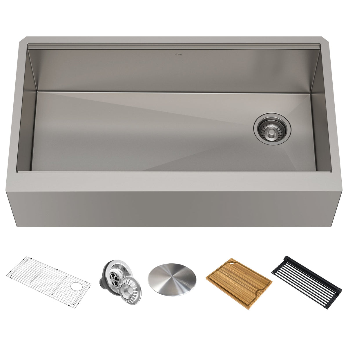 KRAUS Kore Workstation 36" Farmhouse Flat Apron Front 16 Gauge Single Bowl Stainless Steel Kitchen Sink with Accessories - KWF410-36