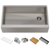 KRAUS Kore Workstation 36" Farmhouse Flat Apron Front 16 Gauge Single Bowl Stainless Steel Kitchen Sink with Accessories - KWF410-36