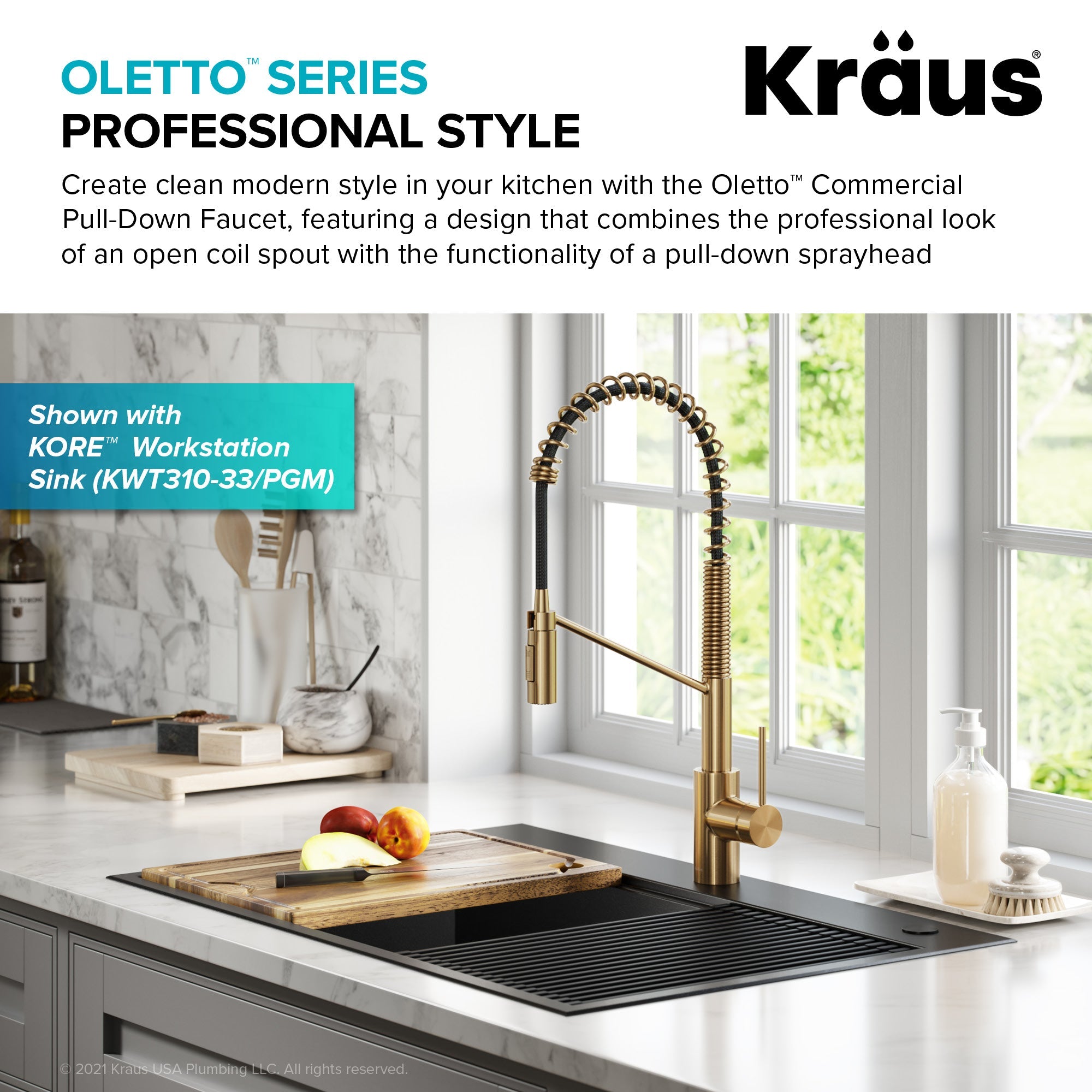 KRAUS Oletto Commercial Style Pull-Down Single Handle Kitchen Faucet in Brushed Brass -  KPF-2631BB