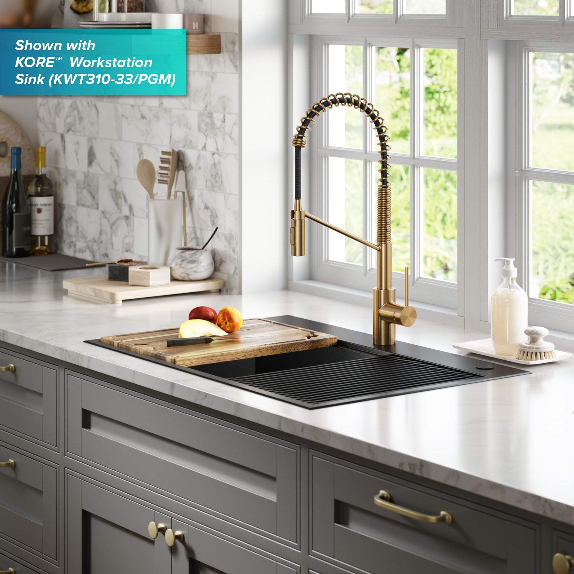 KRAUS Oletto Commercial Style Pull-Down Single Handle Kitchen Faucet in Brushed Brass -  KPF-2631BB