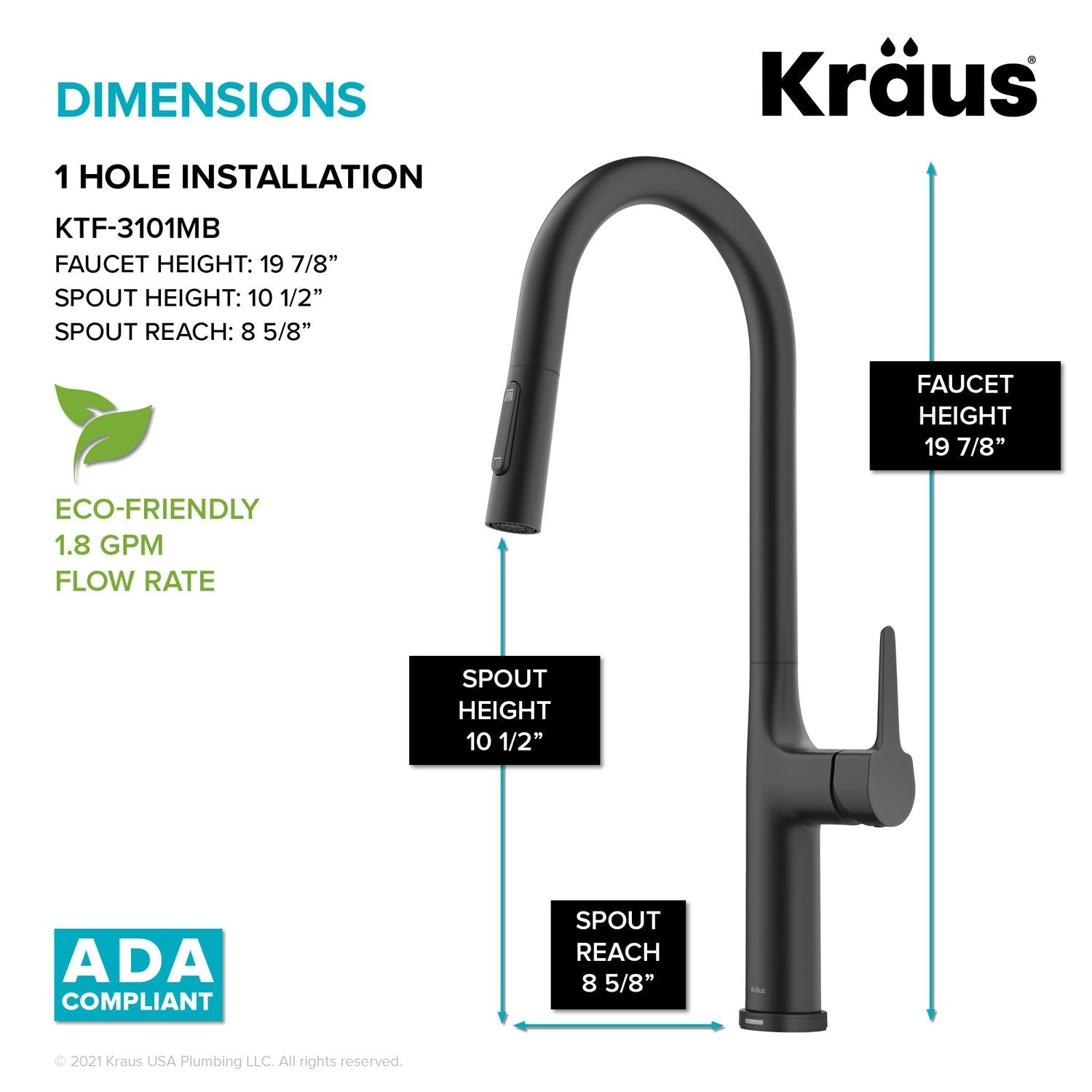 KRAUS Oletto Tall Modern Single-Handle Touch Activated with Pull Down Sprayer in Matte Black - KTF-3101MB