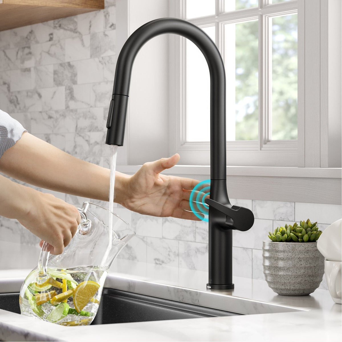 KRAUS Oletto Tall Modern Single-Handle Touch Activated with Pull Down Sprayer in Matte Black - KTF-3101MB