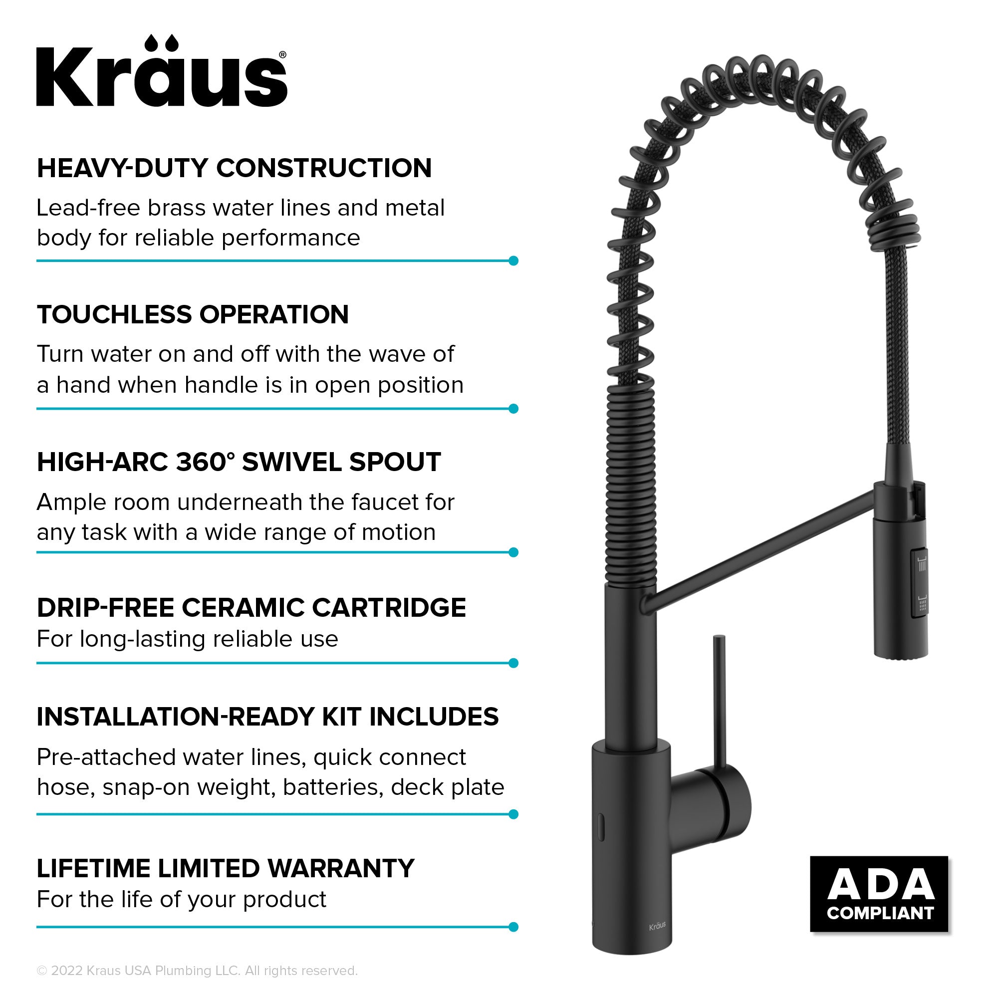 KRAUS Oletto Touchless Pull-Down Single Handle Faucet in Matte Black - KSF-2631MB