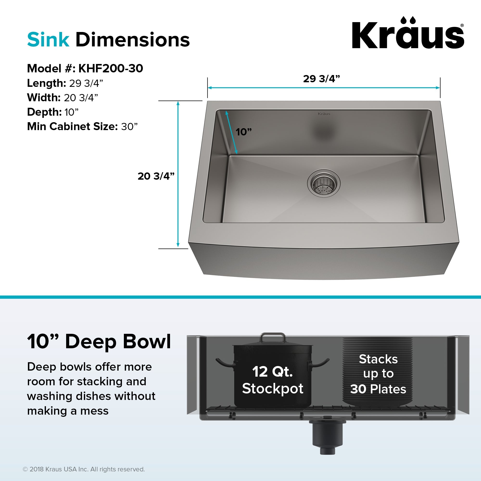 KRAUS Standart PRO 30" 16 Gauge Single Bowl Stainless Steel Farmhouse Kitchen Sink - KHF200-30