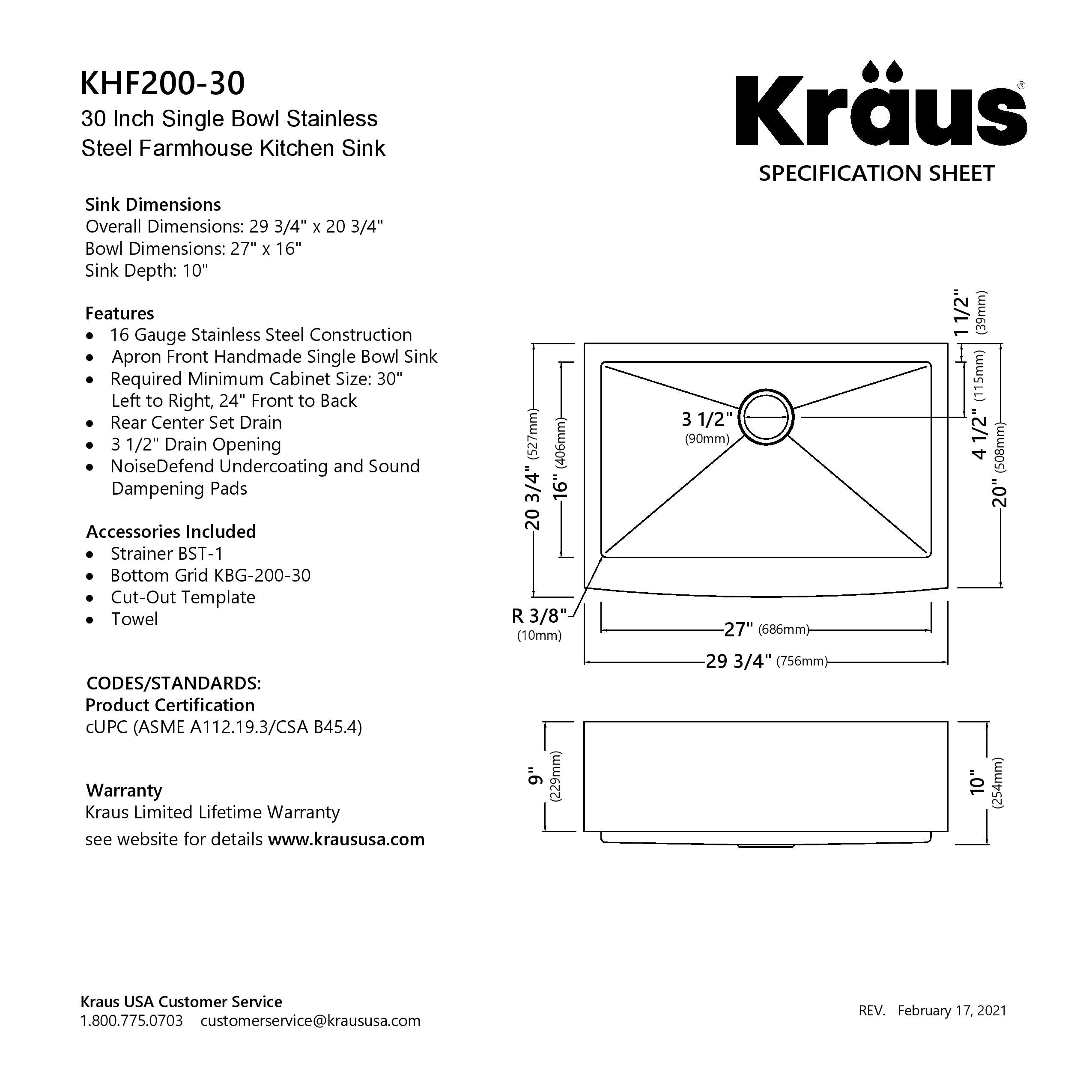 KRAUS Standart PRO 30" 16 Gauge Single Bowl Stainless Steel Farmhouse Kitchen Sink - KHF200-30