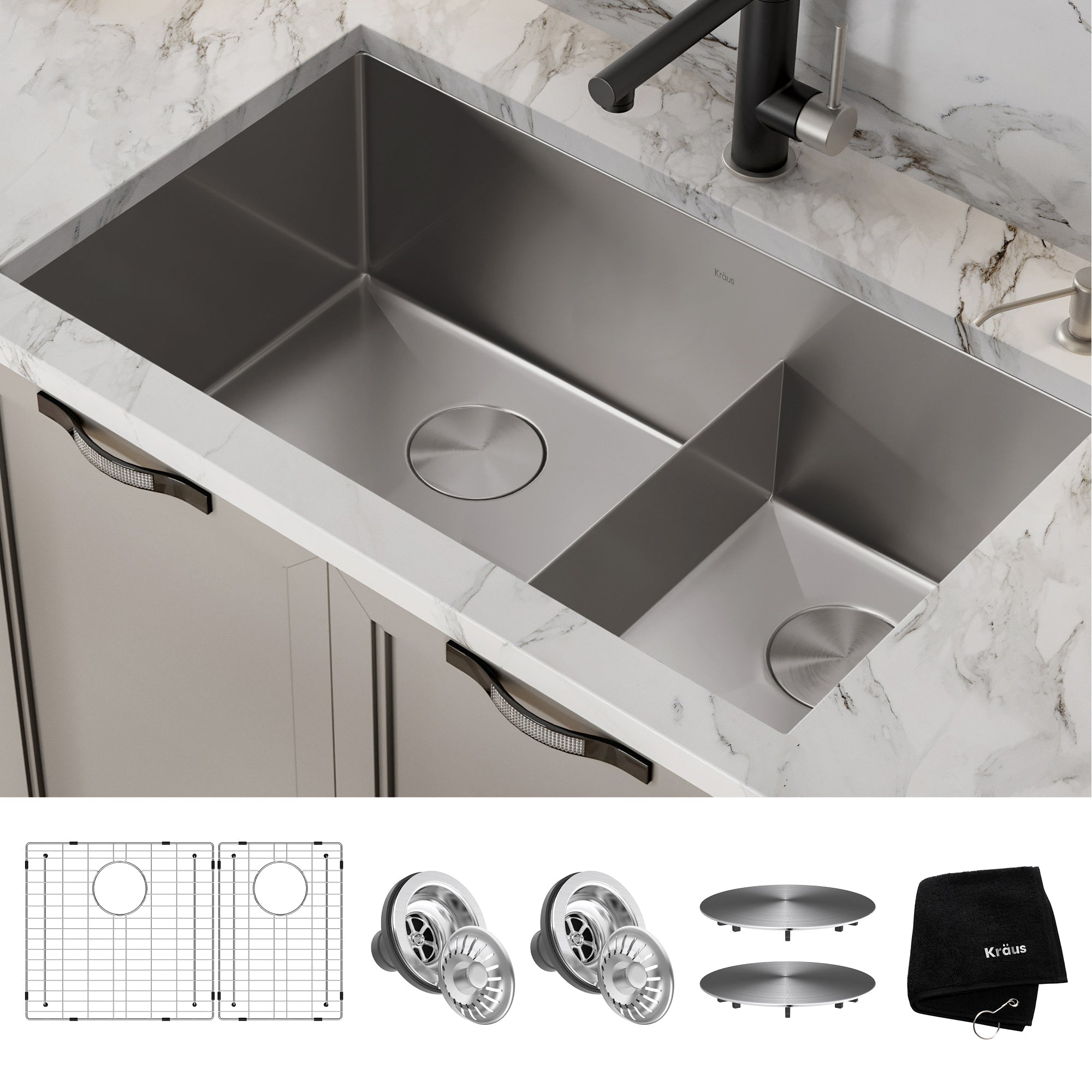 KRAUS Standart PRO 32" 16 Gauge Undermount 60/40 Low Divider Double Bowl Stainless Steel Kitchen Sink - KHU103-32