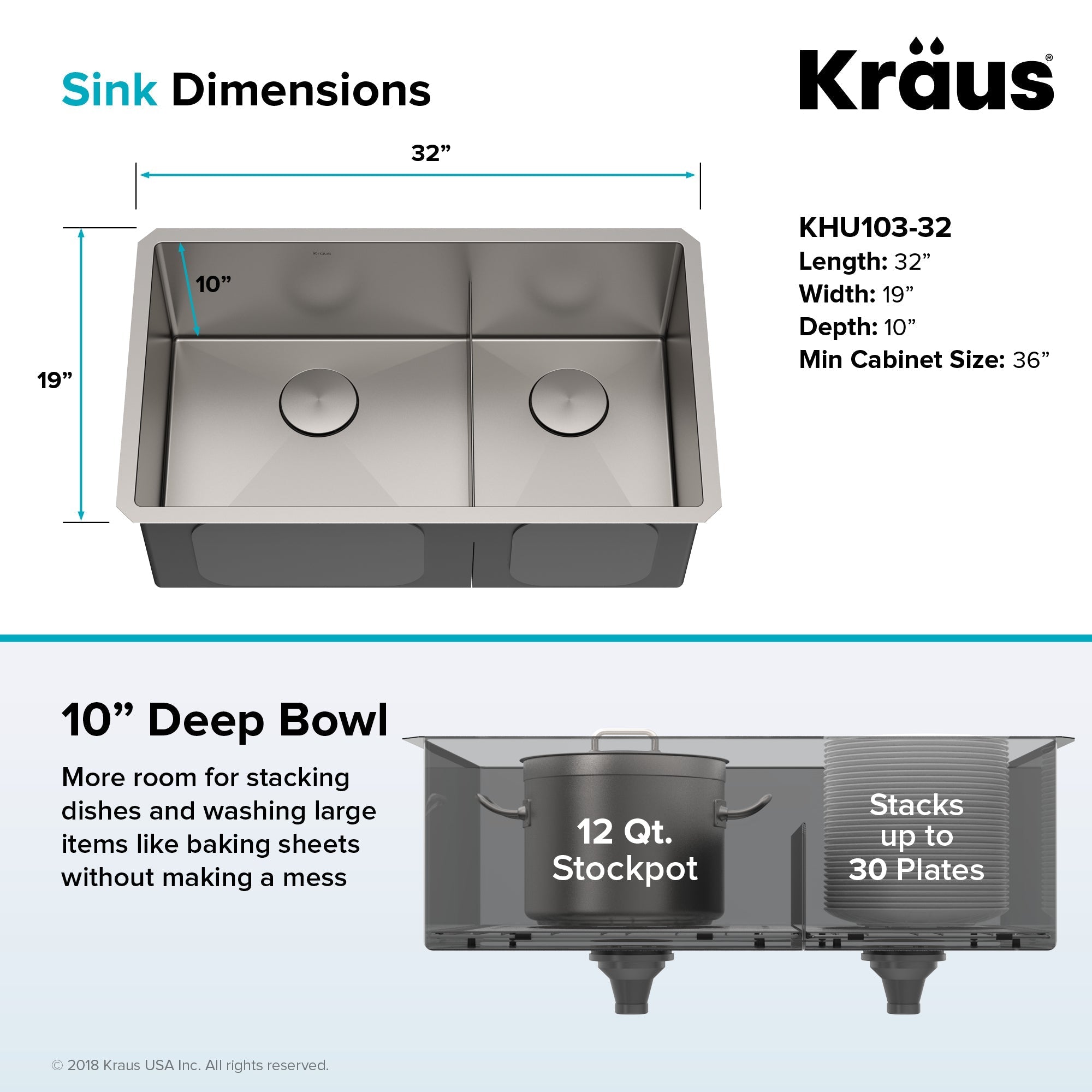 KRAUS Standart PRO 32" 16 Gauge Undermount 60/40 Low Divider Double Bowl Stainless Steel Kitchen Sink - KHU103-32