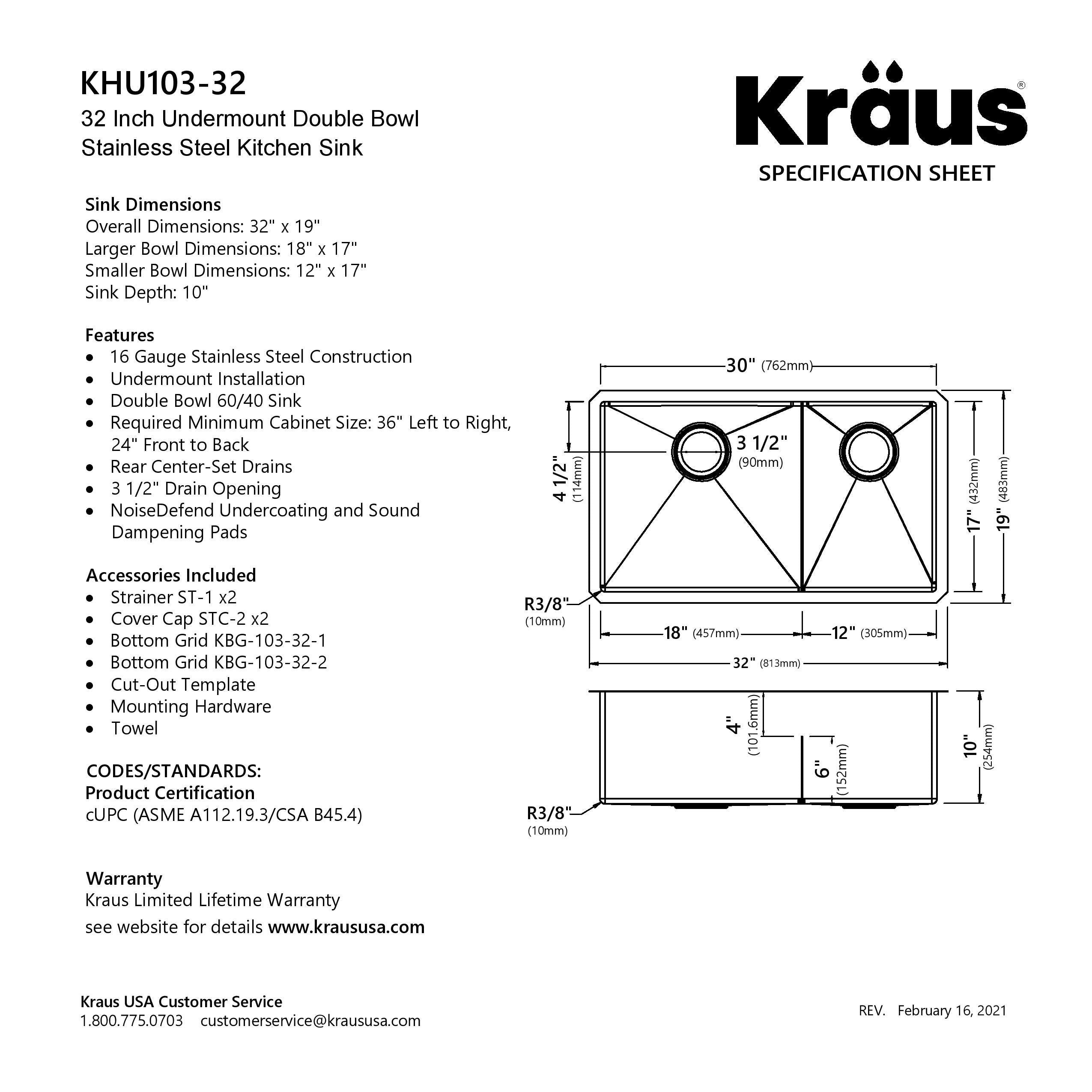 KRAUS Standart PRO 32" 16 Gauge Undermount 60/40 Low Divider Double Bowl Stainless Steel Kitchen Sink - KHU103-32