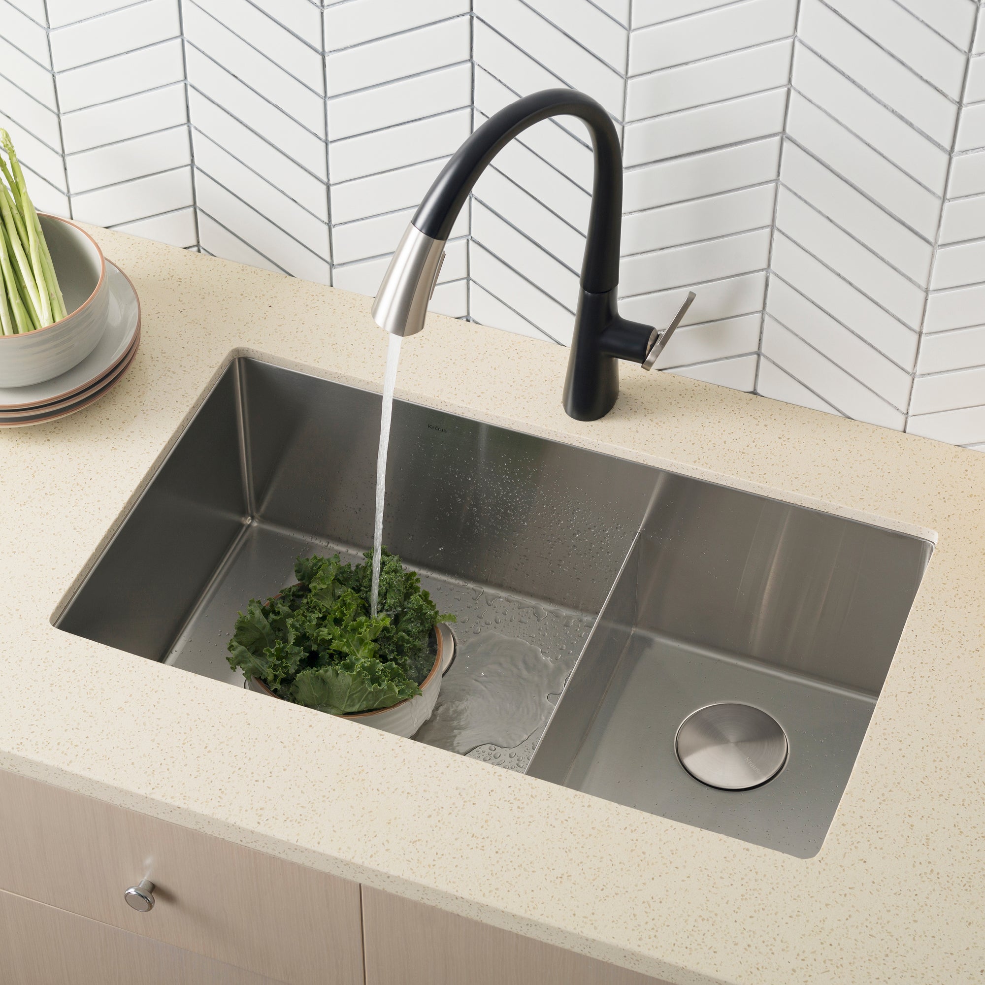 KRAUS Standart PRO 32" 16 Gauge Undermount 60/40 Low Divider Double Bowl Stainless Steel Kitchen Sink - KHU103-32