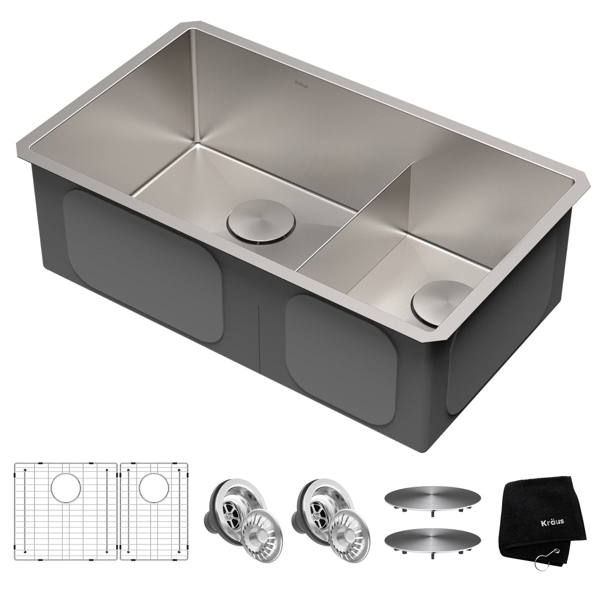 KRAUS Standart PRO 32" 16 Gauge Undermount 60/40 Low Divider Double Bowl Stainless Steel Kitchen Sink - KHU103-32