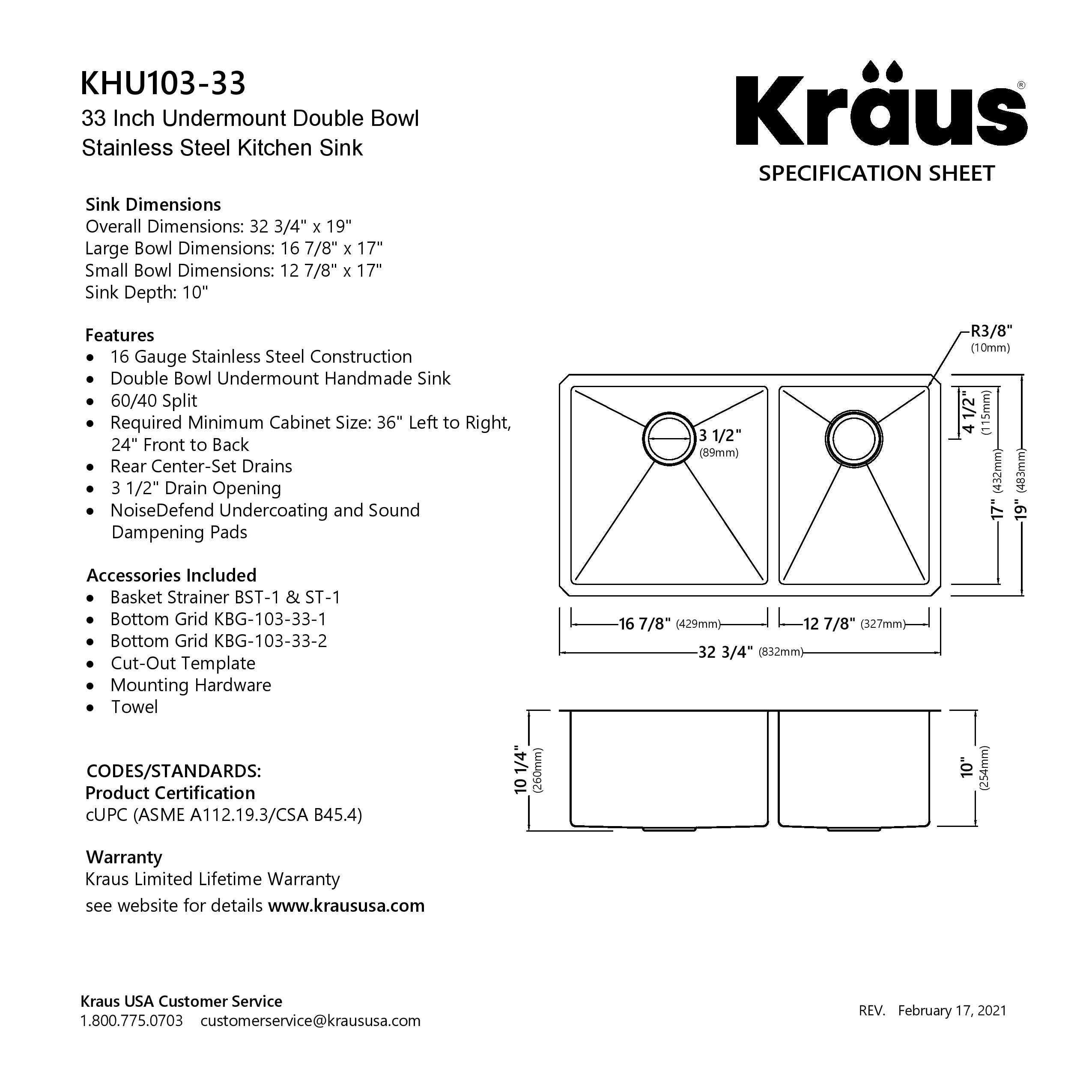 KRAUS Standart PRO 33" Undermount 60/40 Double Bowl Stainless Steel Kitchen Sink - KHU103-33
